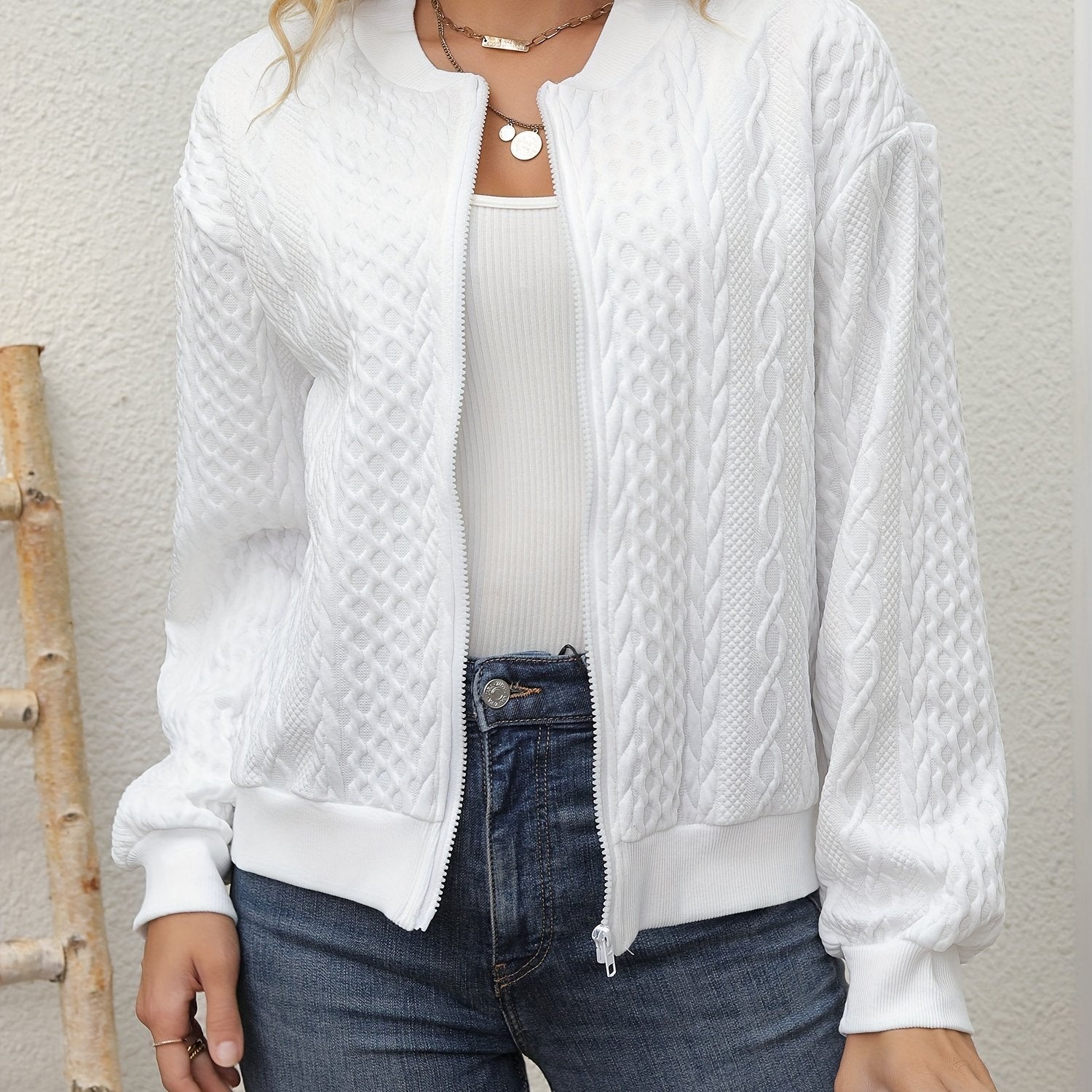 Women's Elegant Casual Baseball Collar Jacket - Soft Pink Zip - Up Fall/Winter Outerwear, Machine Washable Non - Stretch Fabric, Chic Layering Piece for Everyday & Special Occasions, Sleek Zipper Closure - veyora