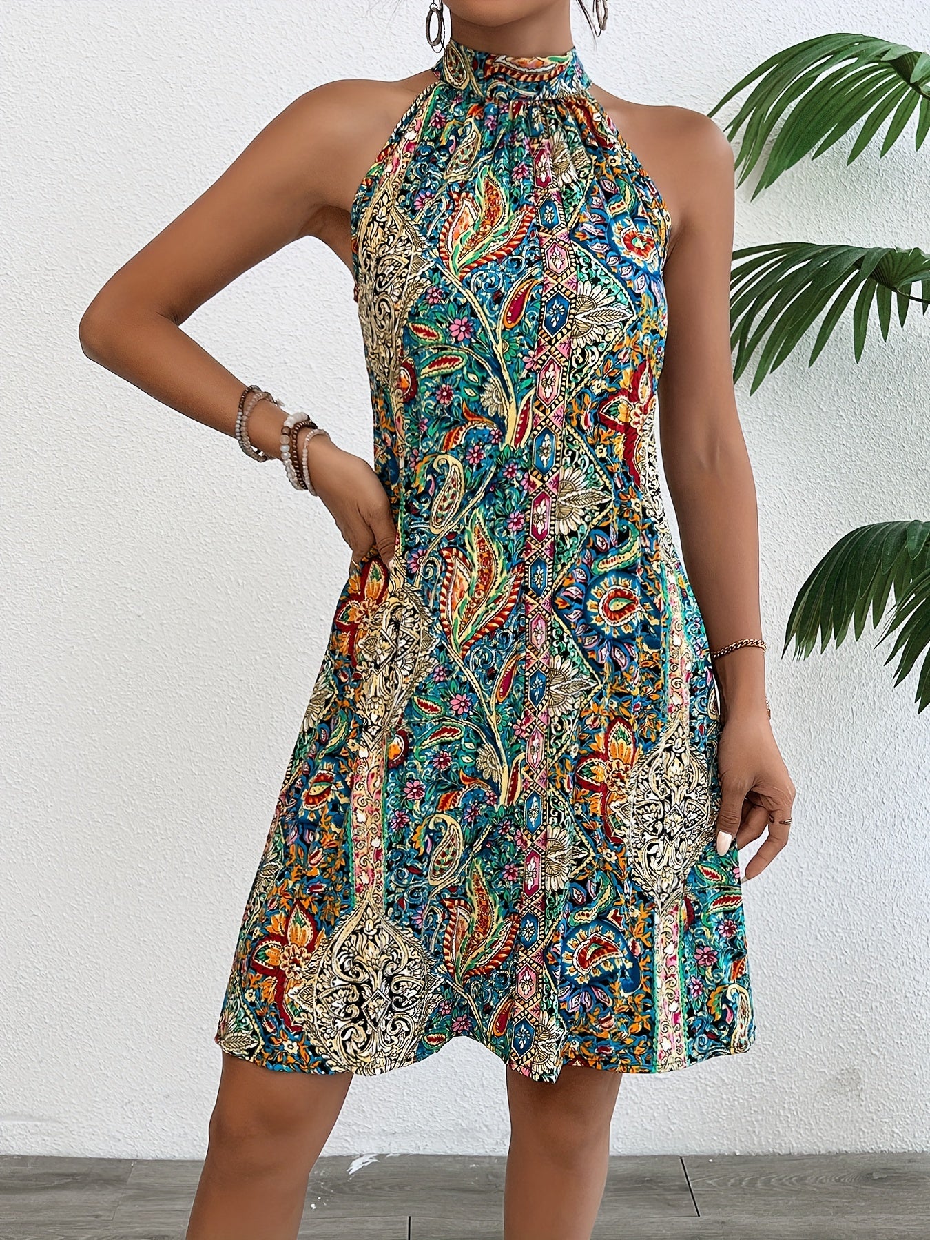 Vibrant Geometric Print Tunic Dress - Elegant Halter Neck, Sleeveless, Polyester, Machine Washable, Perfect for Summer - Womens Clothing - veyora