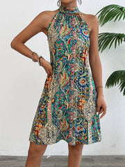 Vibrant Geometric Print Tunic Dress - Elegant Halter Neck, Sleeveless, Polyester, Machine Washable, Perfect for Summer - Womens Clothing - veyora