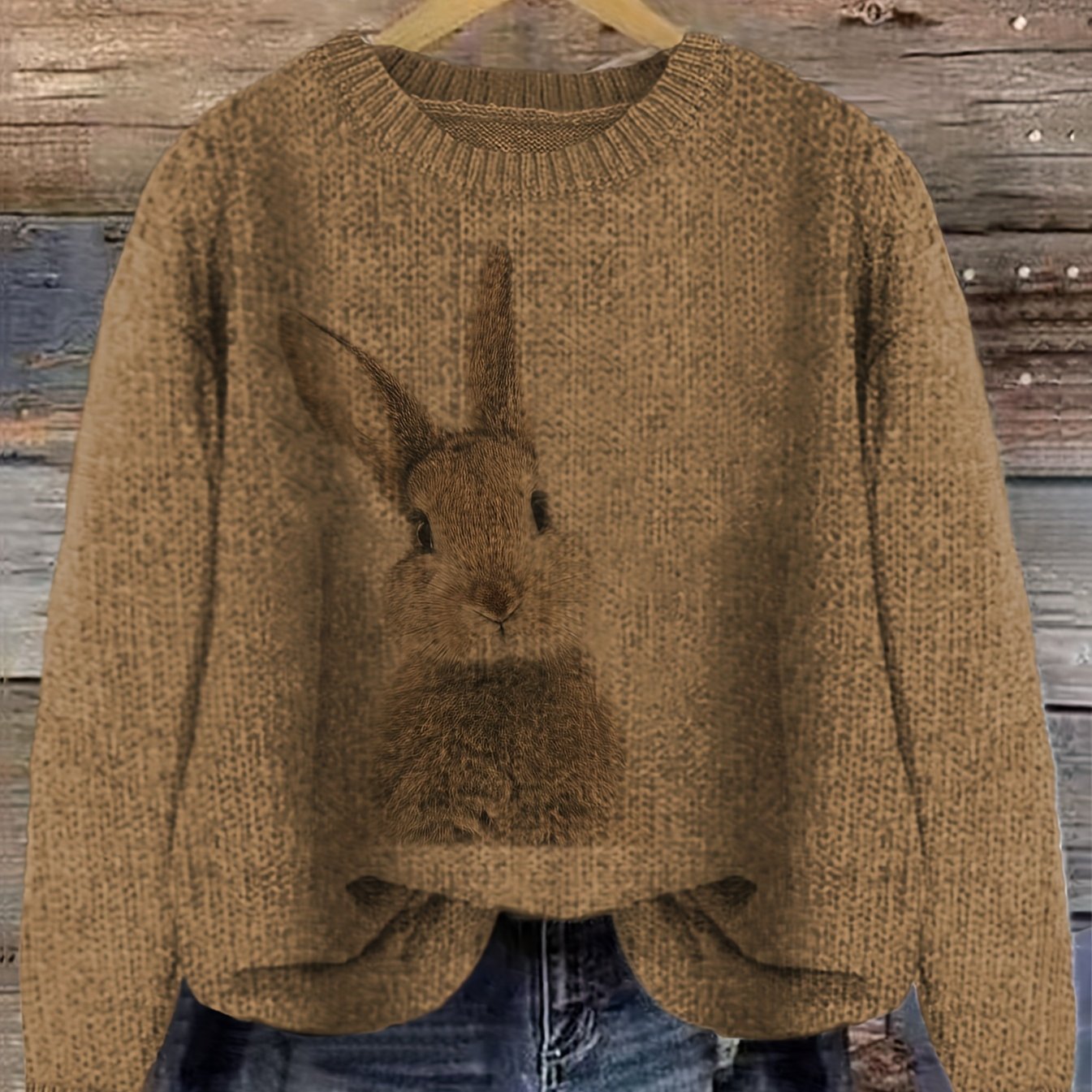 Women's Casual Rabbit Print Color - Block Round Neck Pullover Sweater - Light Blue & White Contrast, Medium Stretch Cozy Fall Winter Knit Top, Relaxed Fit Clothing | Soft Texture Apparel - veyora