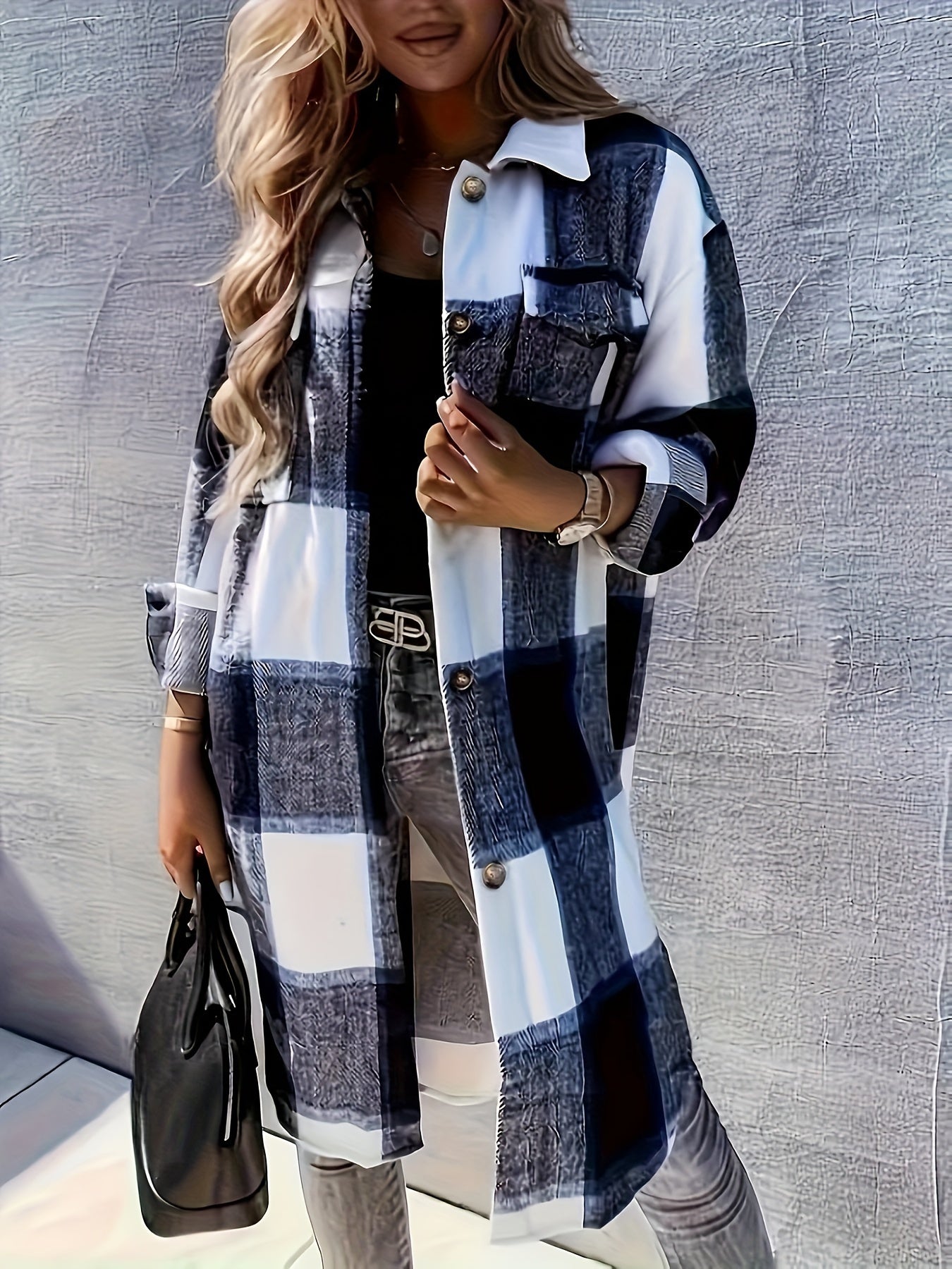 Plaid Print Long Length Jacket, Casual Button Front Flap Pockets Outwear, Women's Clothing - veyora