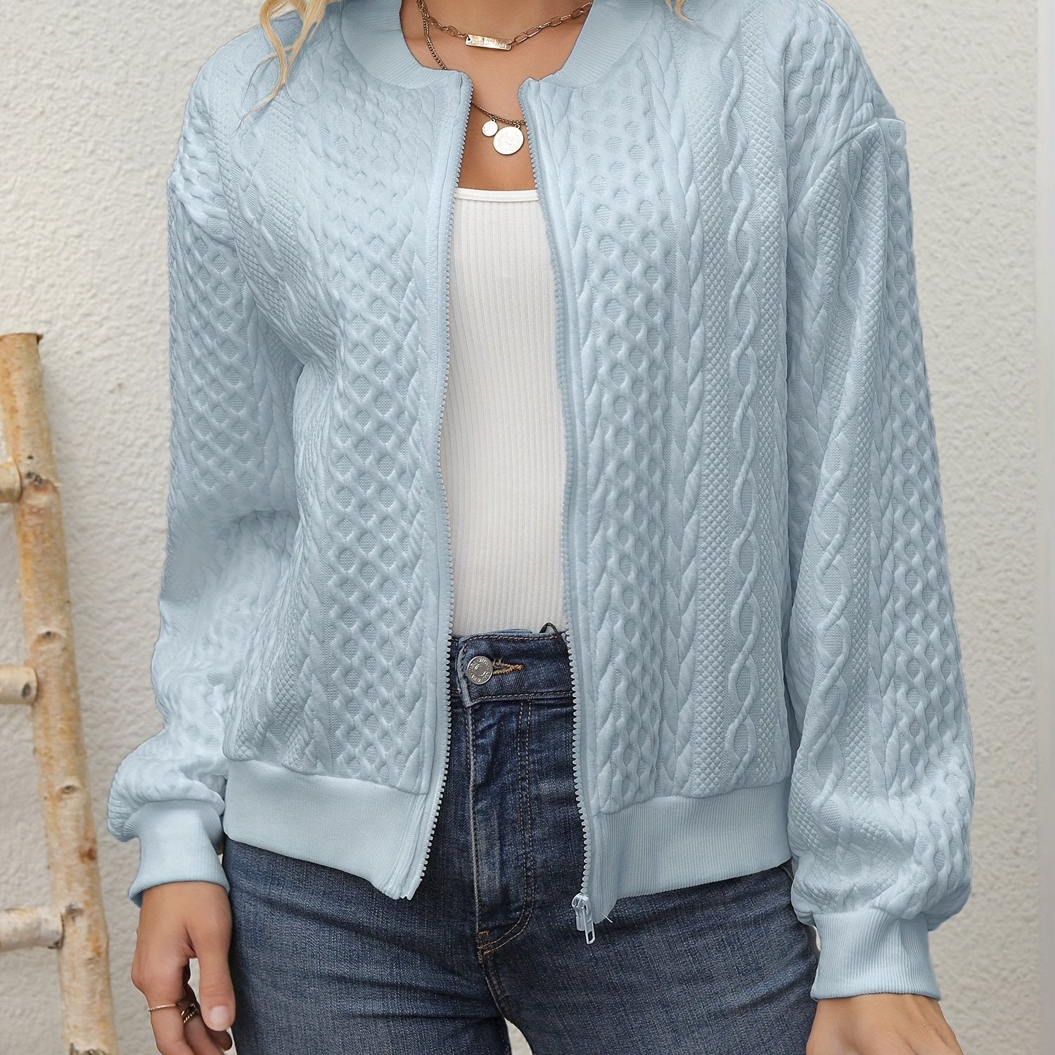 Women's Elegant Casual Baseball Collar Jacket - Soft Pink Zip - Up Fall/Winter Outerwear, Machine Washable Non - Stretch Fabric, Chic Layering Piece for Everyday & Special Occasions, Sleek Zipper Closure - veyora