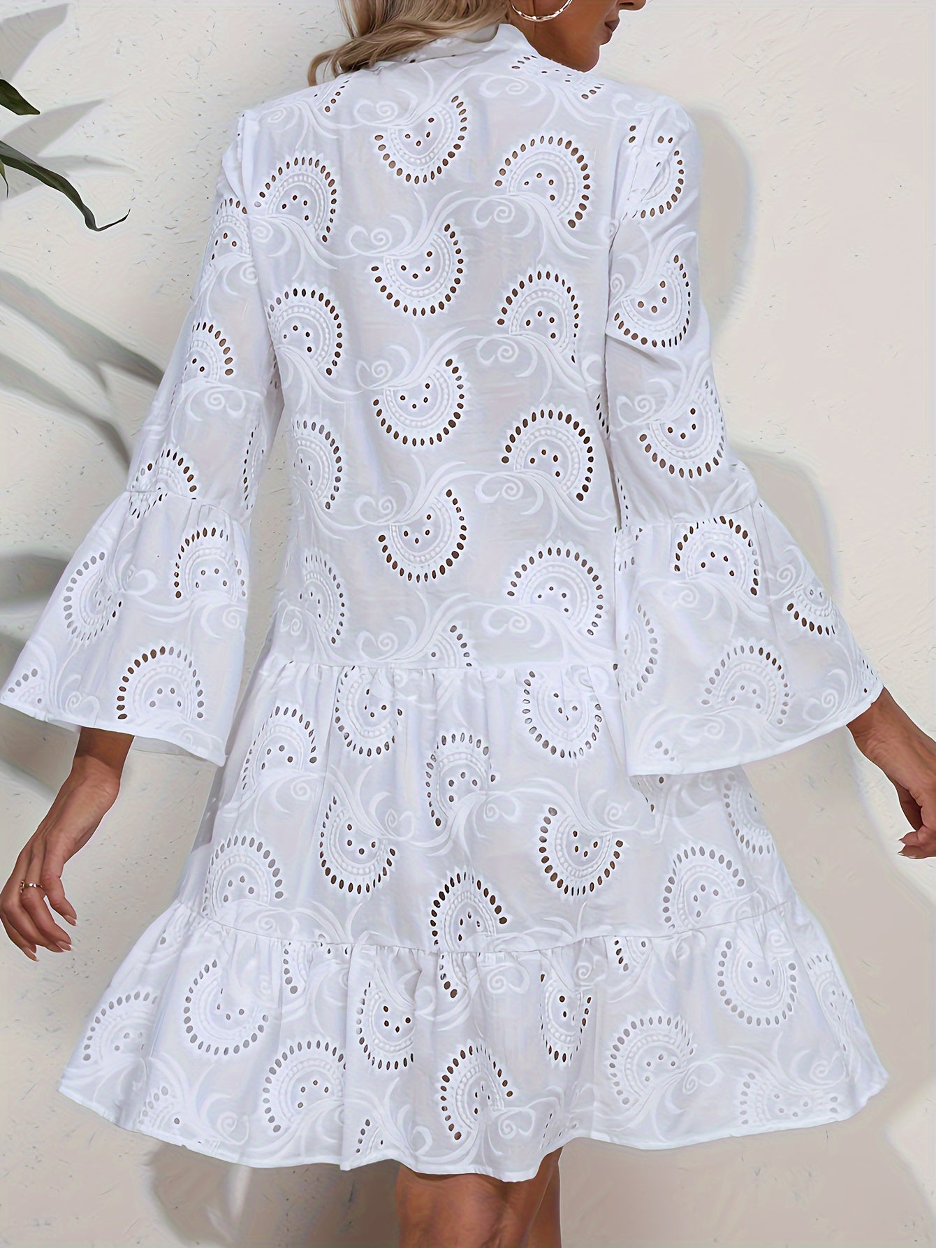 Chic Solid Color V Neck Ruffle Hem Dress - Feminine Button Front, Long Sleeve Design - Perfect for Spring & Fall Vacations - Womens Wardrobe Staple - veyora
