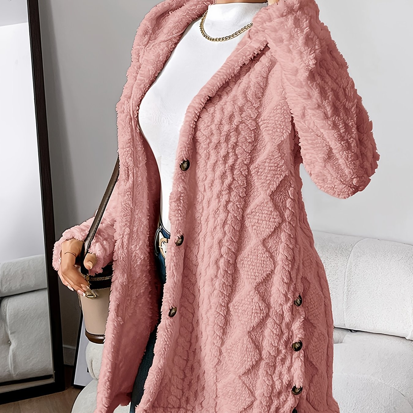Elegant Beige Quilted Faux Fur Hooded Cardigan - Cozy Long Sleeve, Button Front Outerwear with Diamond Pattern, Perfect for Fall/Winter, Machine Washable - veyora