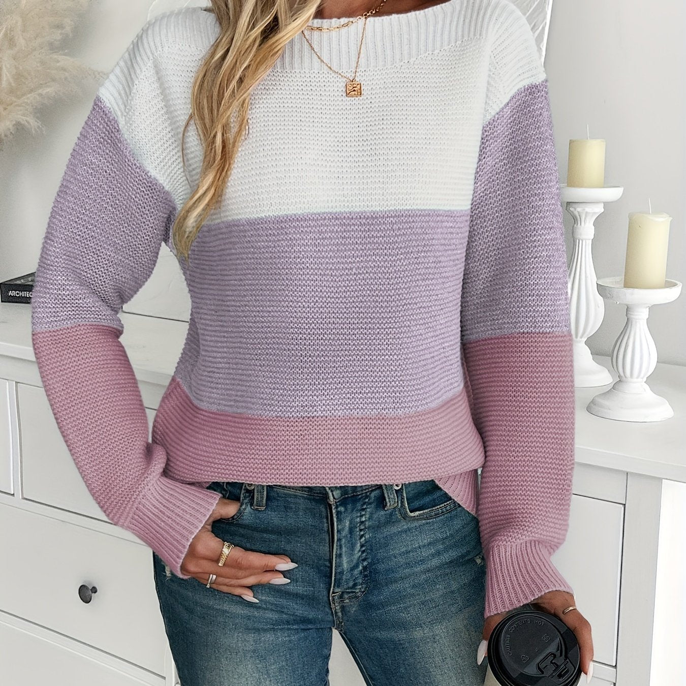 Long Sleeve Stripe Color Block Sweater, Elegant Drop Shoulder For Fall & Winter, Women's Clothing - veyora