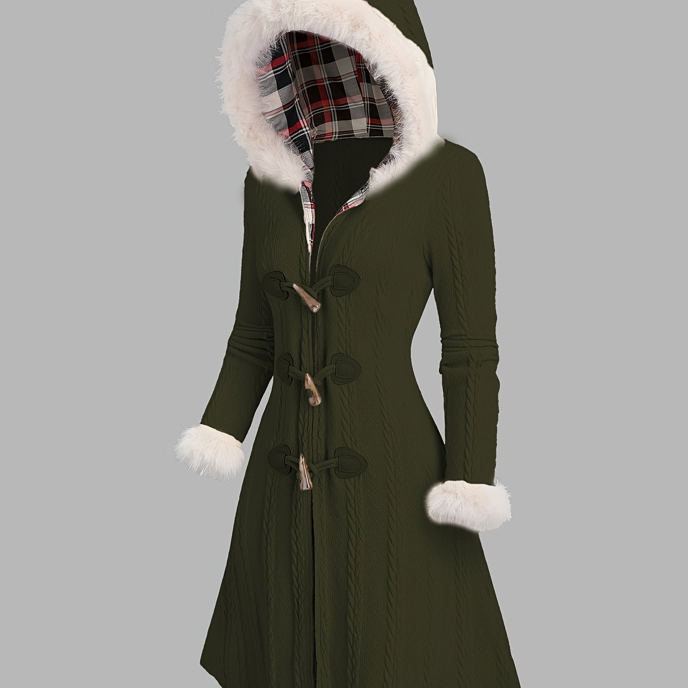 Women'S Y2K Style Plaid Knit Hooded Coat, Polyester 100% Long Winter Jacket with Color Block Design and Cow Horn Buttons, Fall/Winter Collection - veyora