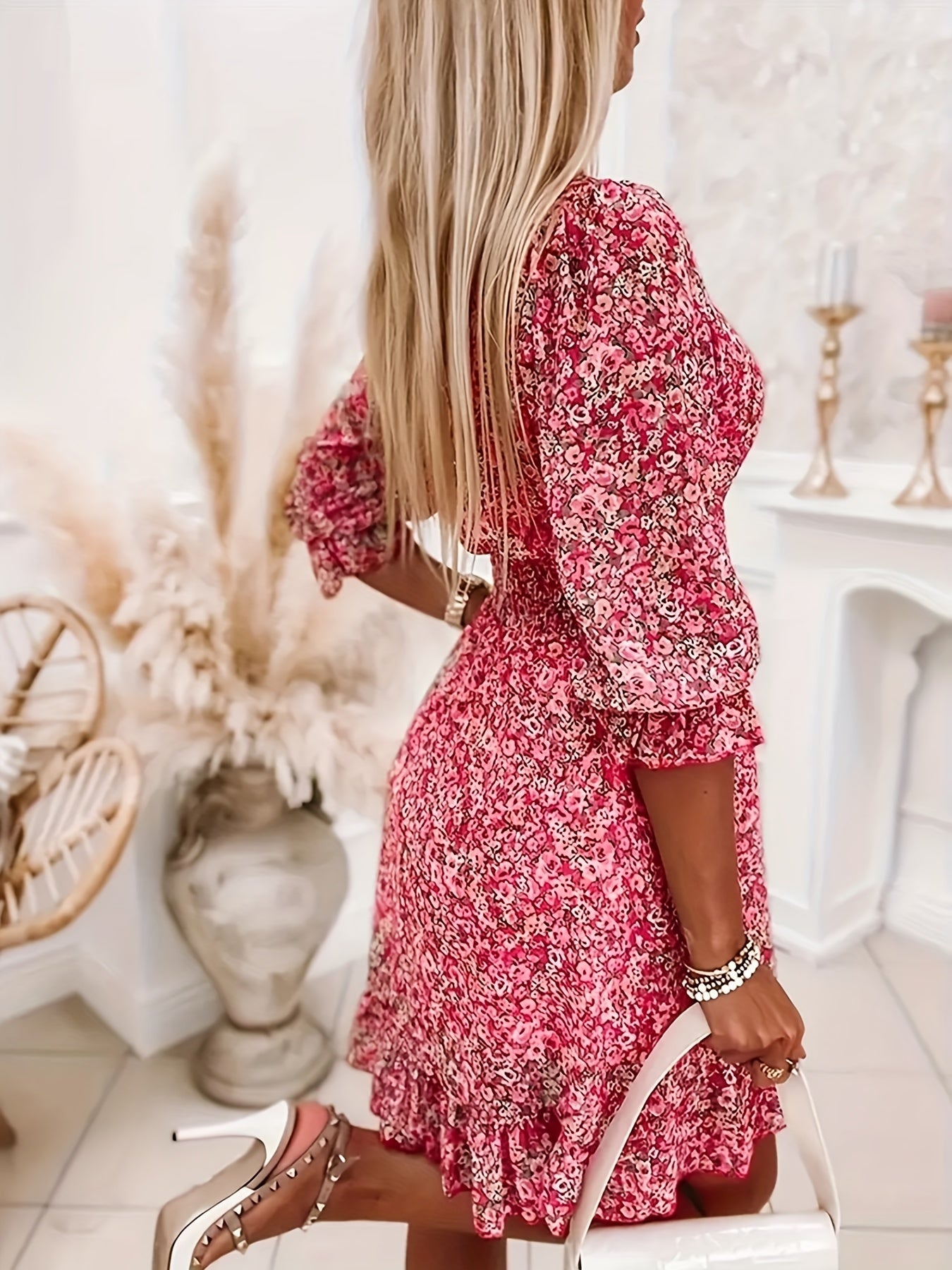 Floral Print Shirred Waist Dress, Casual V Neck Dress For Spring & Summer, Women's Clothing - veyora