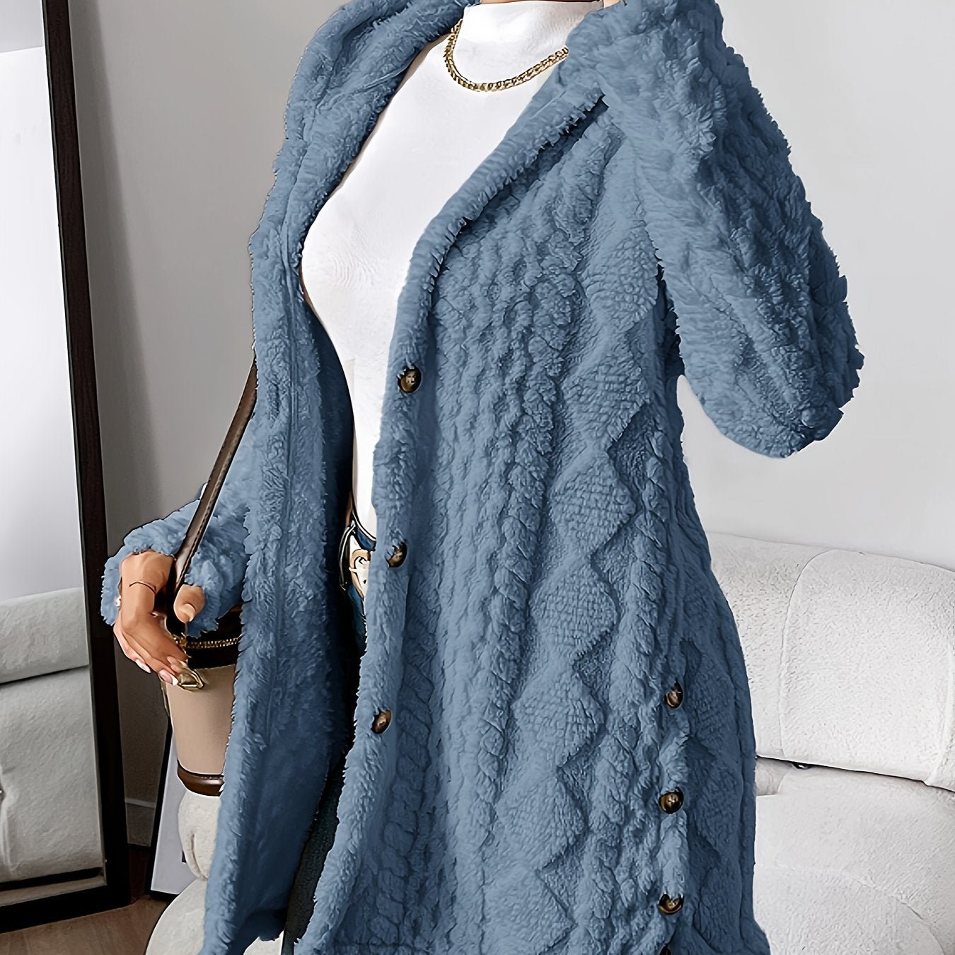 Elegant Beige Quilted Faux Fur Hooded Cardigan - Cozy Long Sleeve, Button Front Outerwear with Diamond Pattern, Perfect for Fall/Winter, Machine Washable - veyora