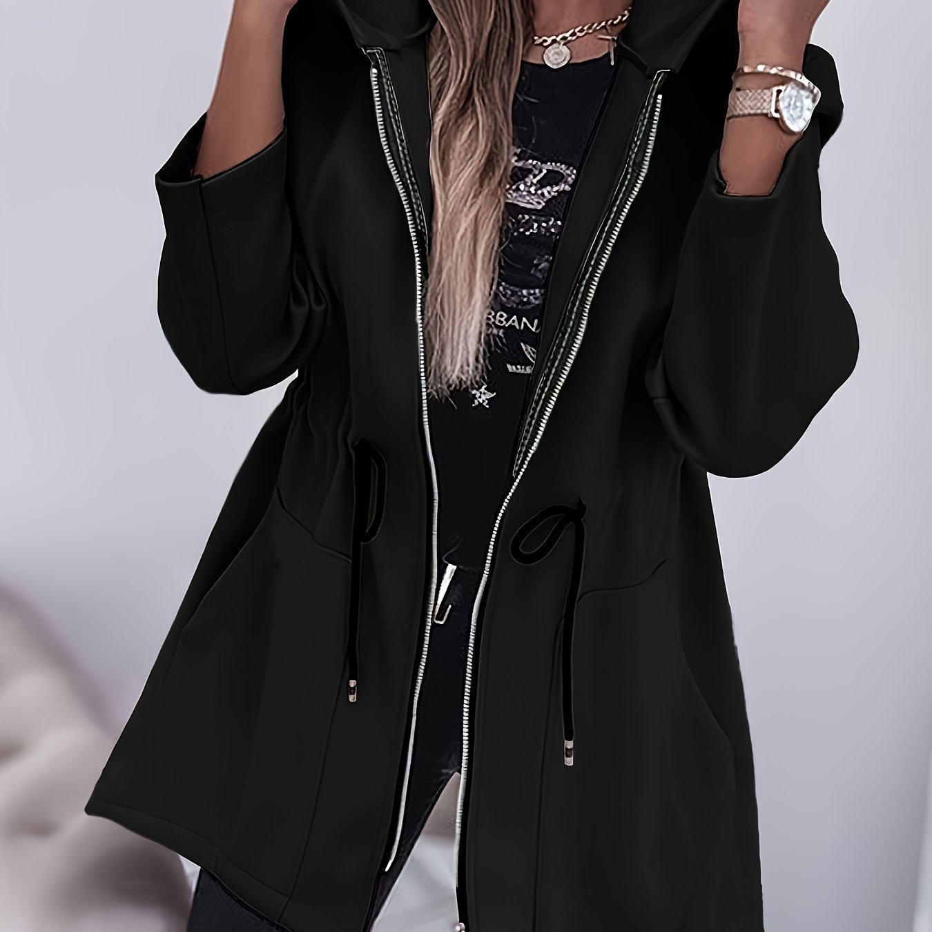 Machine Washable Polyester Women's Casual Hooded Jacket with Drawstring, Zip Pockets for Fall/Winter, Solid Color - veyora