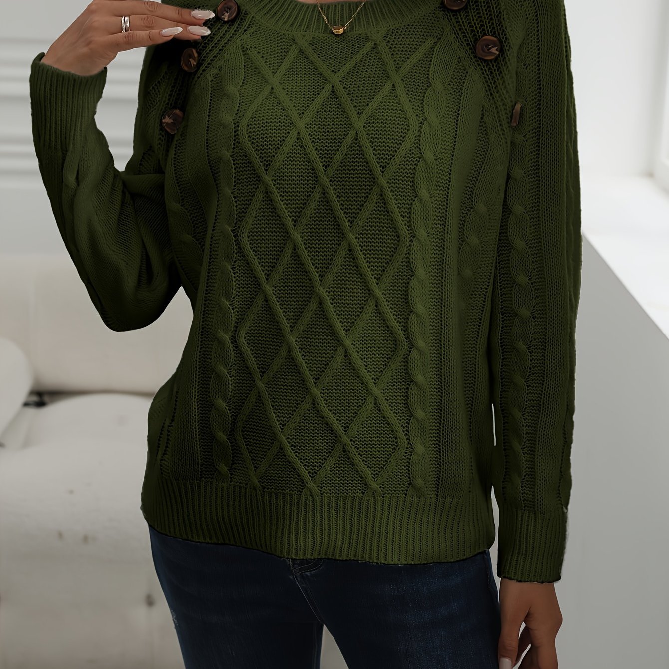 Solid Cable Knit Sweater, Casual Crew Neck Long Sleeve Sweater, Women's Clothing - veyora