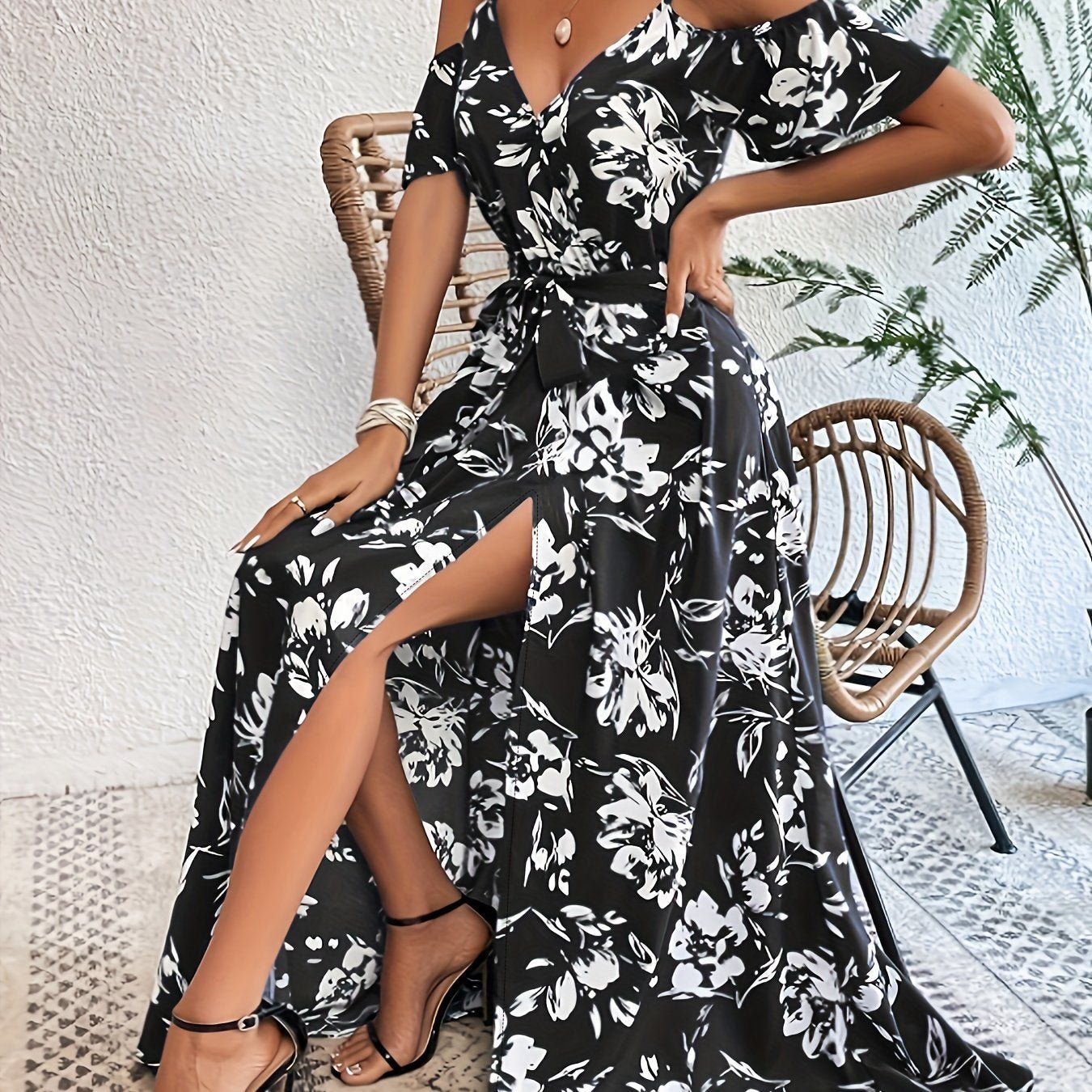 Vibrant Floral Print A - Line Dress - Cold Shoulder, Belted, Split Sleeveless, Elegant, Comfortable, Spring & Summer Essential - Women's Clothing, Perfect for Outdoor Activities - veyora