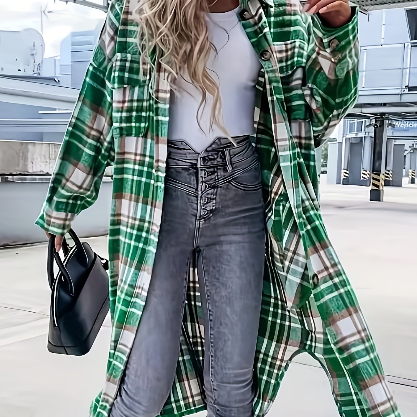 Plaid Print Long Length Jacket, Casual Button Front Flap Pockets Outwear, Women's Clothing - veyora