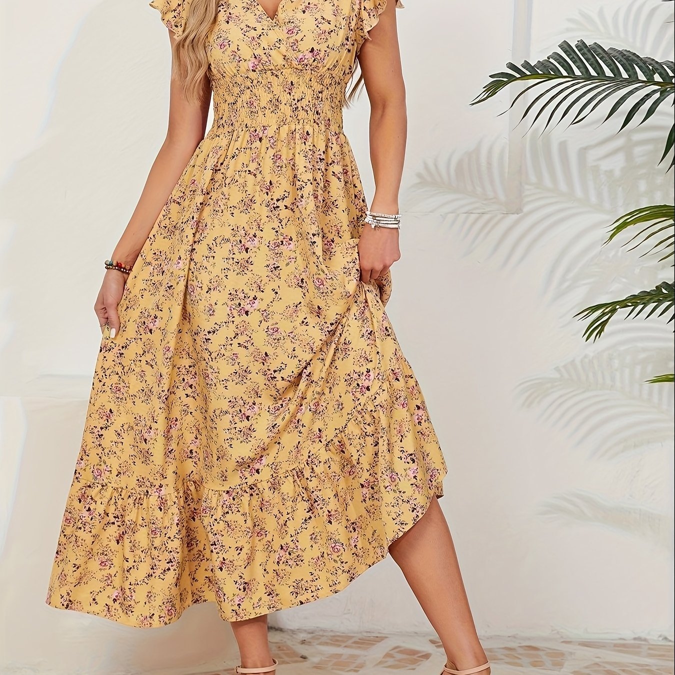 Vacation - Themed Floral Waist - Tied Dress - veyora