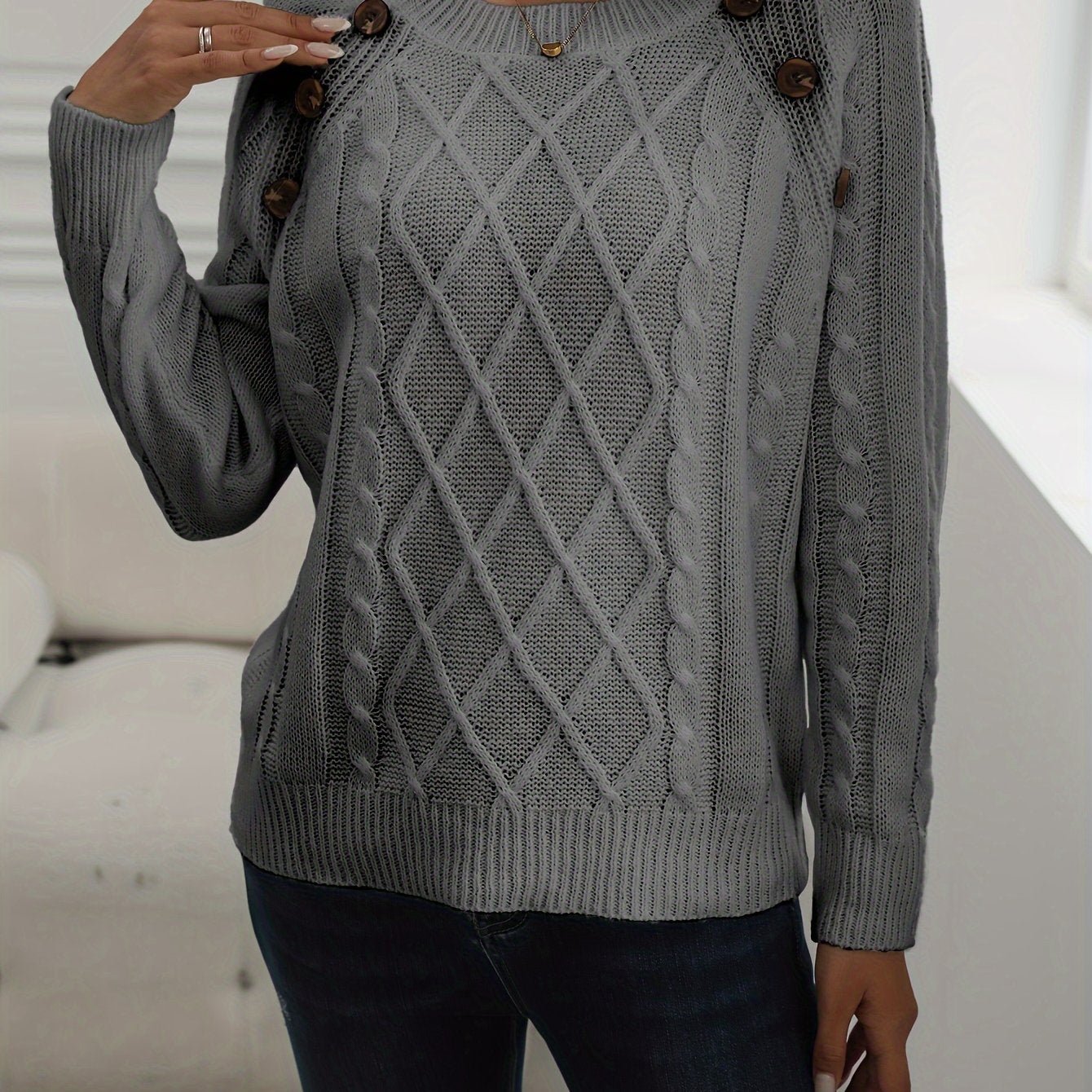Solid Cable Knit Sweater, Casual Crew Neck Long Sleeve Sweater, Women's Clothing - veyora