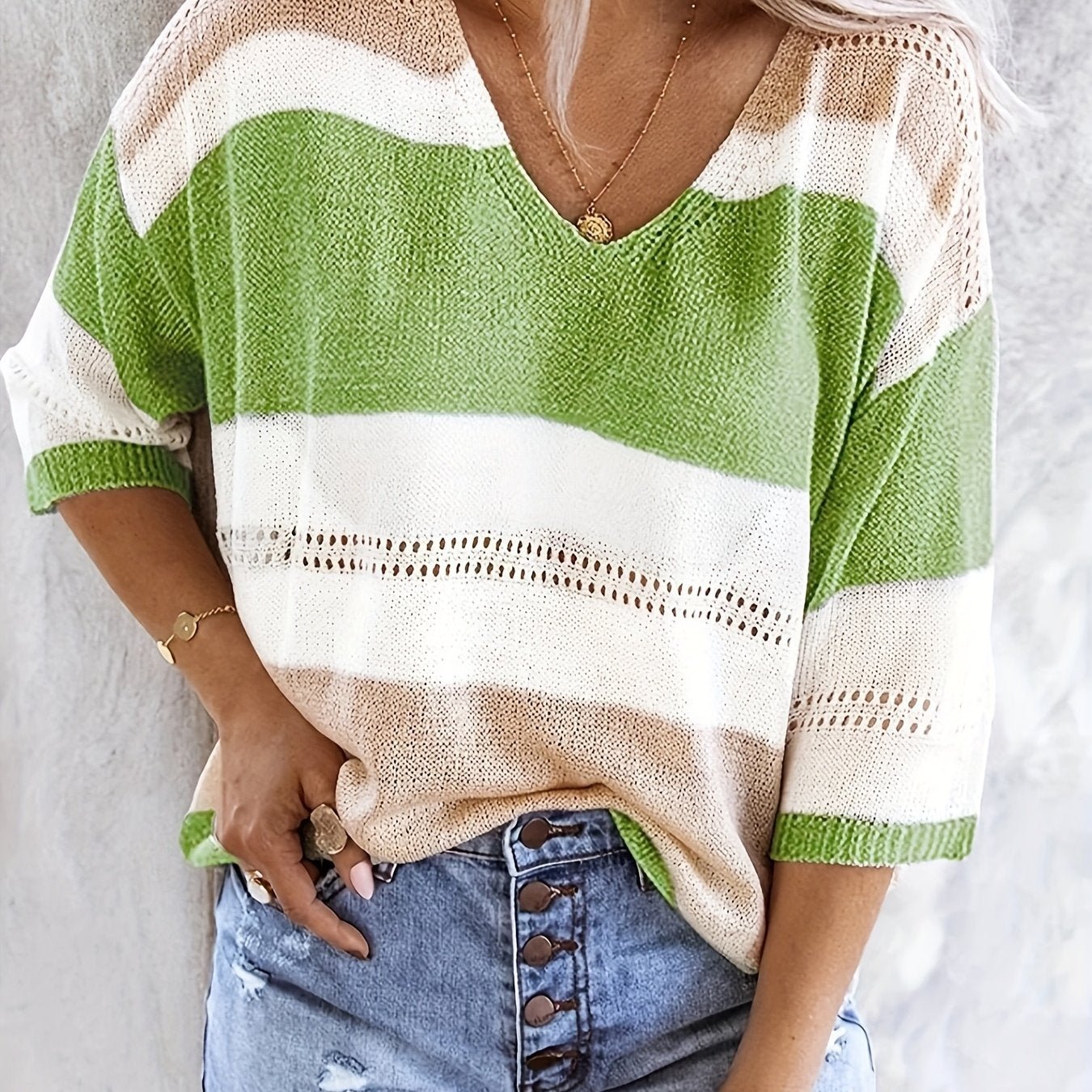 Women'S Casual V - Neck Sweater - Off - Shoulder, Striped Knit Top with Hollow Detail, Perfect for Spring/Summer, Light Gray & Pink, Ladies Sweaters - veyora