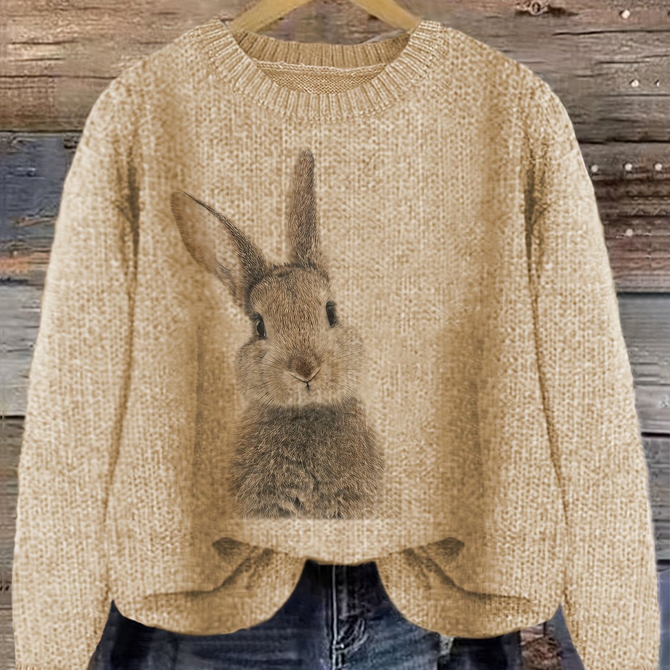 Women's Casual Rabbit Print Color - Block Round Neck Pullover Sweater - Light Blue & White Contrast, Medium Stretch Cozy Fall Winter Knit Top, Relaxed Fit Clothing | Soft Texture Apparel - veyora