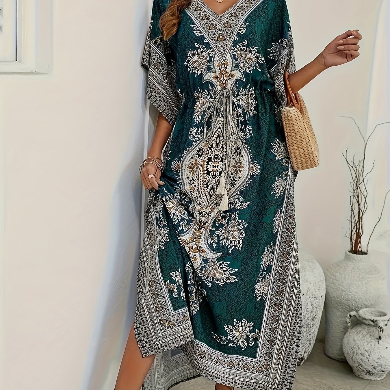 Women's Middle Eastern Muslim Robe, Loose V - Neck Beach Sun Protection Party Casual Bohemian Dress - veyora