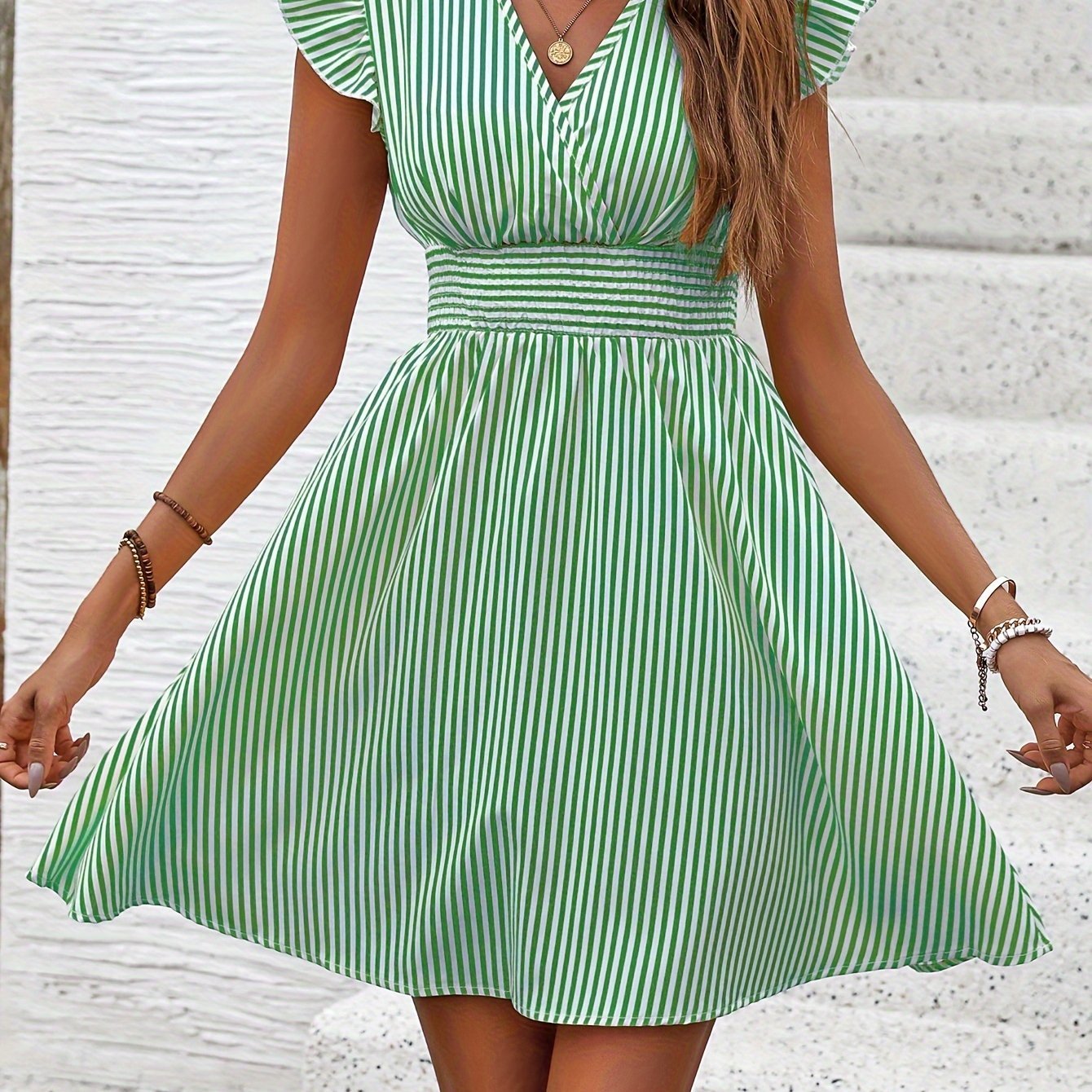Summer Striped Surplice Neck Dress, Shirred Waist Casual Flutter Sleeve For Women - veyora
