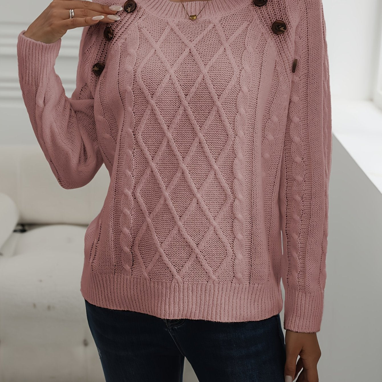 Solid Cable Knit Sweater, Casual Crew Neck Long Sleeve Sweater, Women's Clothing - veyora