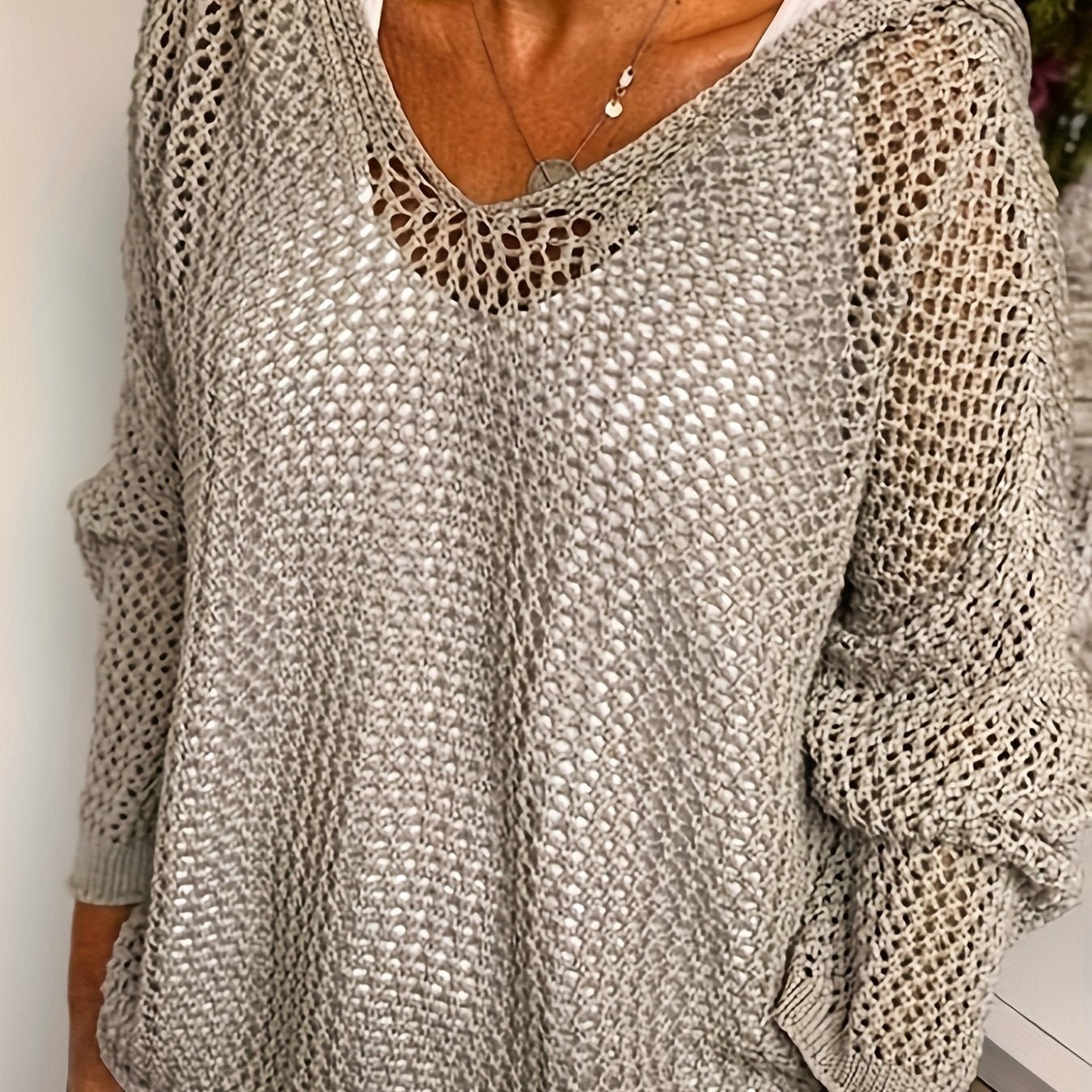 Cozy V - Neck Knitted Hooded Sweater - Soft, Casual, Long Sleeve, Hollow Out Design, Relaxed Fit, Women's Clothing for Everyday Wear - veyora