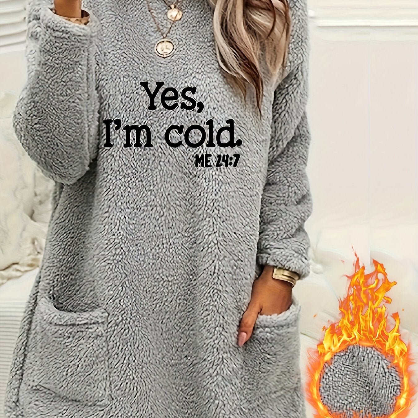 Women's Casual "Yes I'm Cold" Letter Print Dual - Sided Fleece Pullover Sweatshirt - Cozy Round Neck Long Sleeve with Pockets, Machine Washable Winter Warmth for Fall & Winter, Cold Weather Clothing | Casual Pullover | Comfortable Wear, Ladies Sweaters - veyora
