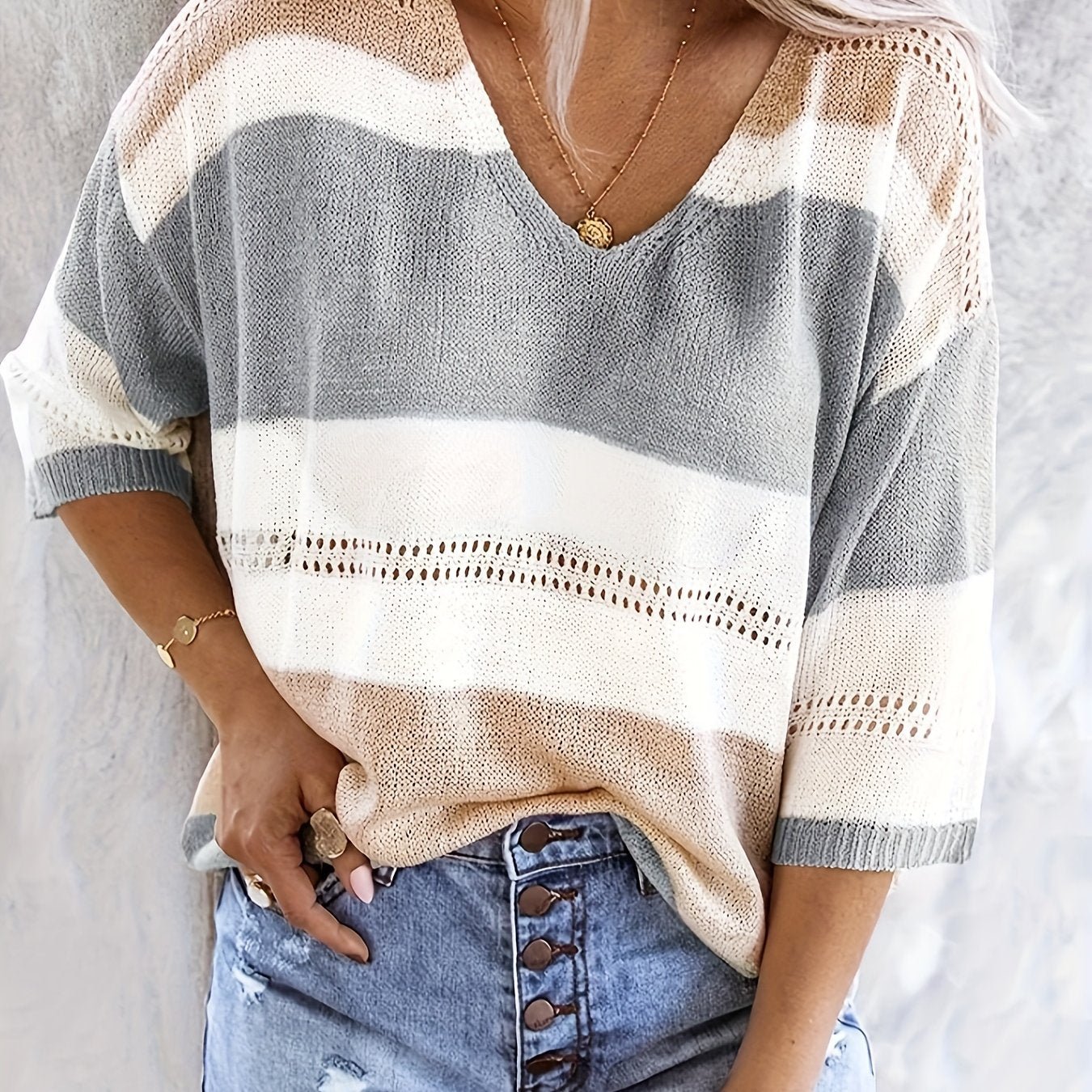 Women'S Casual V - Neck Sweater - Off - Shoulder, Striped Knit Top with Hollow Detail, Perfect for Spring/Summer, Light Gray & Pink, Ladies Sweaters - veyora