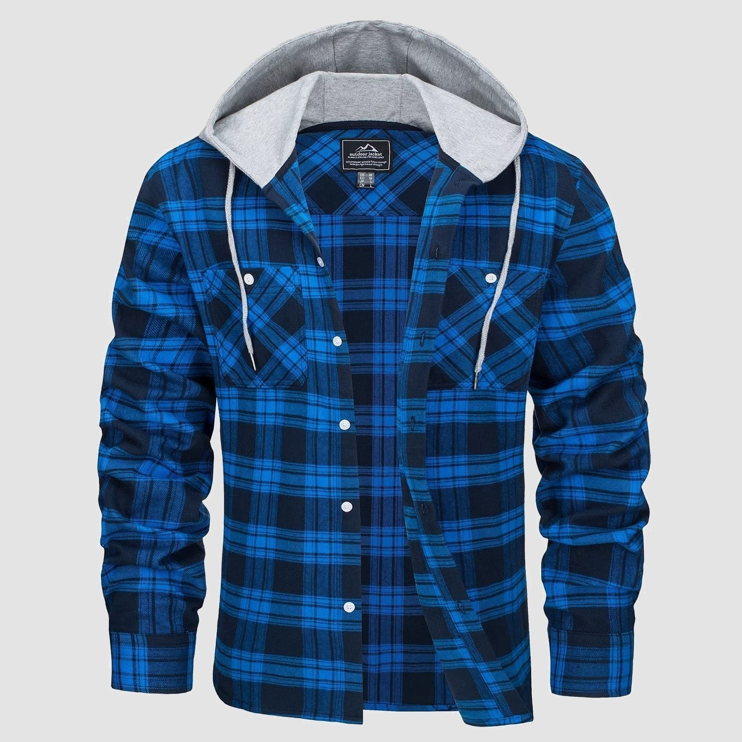 Men's Flannel Shirt Jacket with Hood - Long Sleeve Cotton Plaid Style - veyora