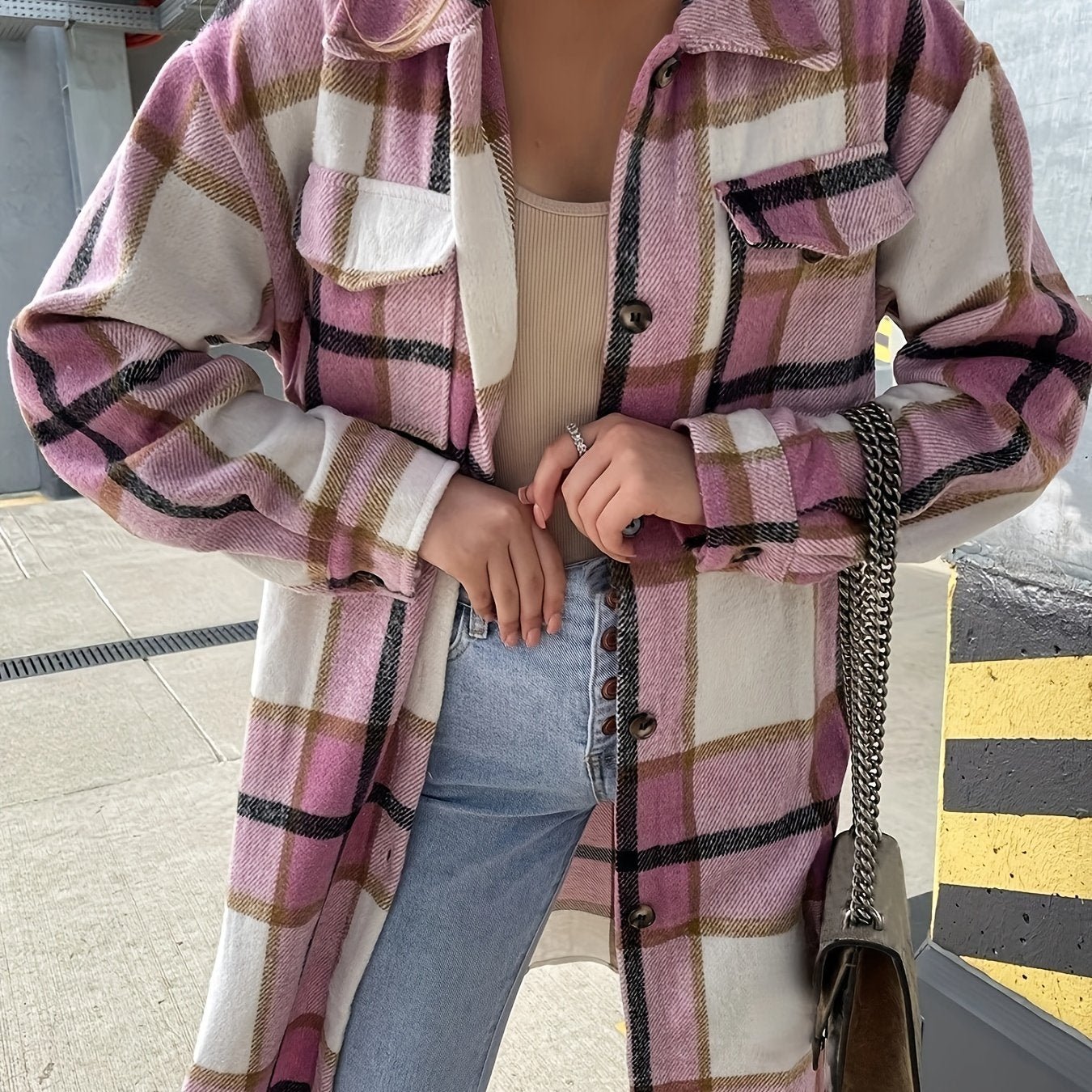 Plaid Print Long Length Jacket, Casual Button Front Flap Pockets Outwear, Women's Clothing - veyora