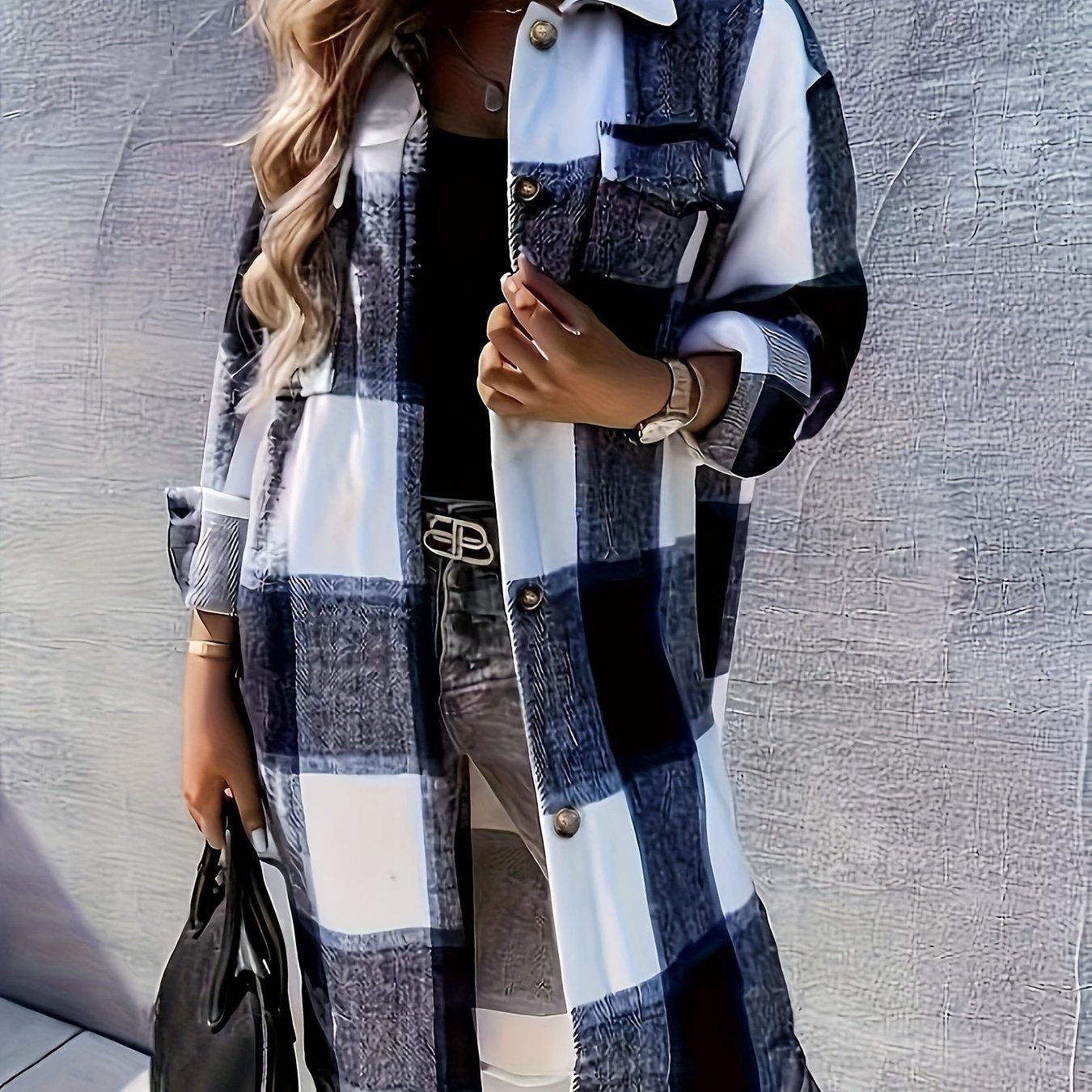 Plaid Print Long Length Jacket, Casual Button Front Flap Pockets Outwear, Women's Clothing - veyora