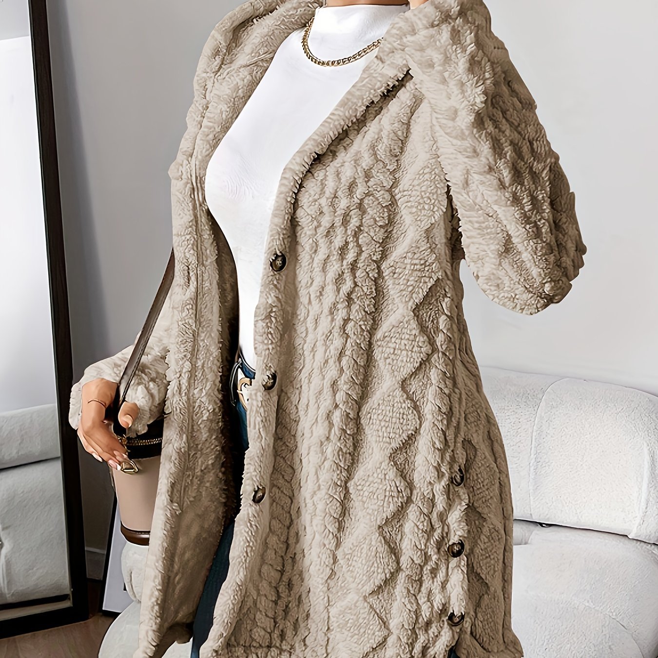 Elegant Beige Quilted Faux Fur Hooded Cardigan - Cozy Long Sleeve, Button Front Outerwear with Diamond Pattern, Perfect for Fall/Winter, Machine Washable - veyora