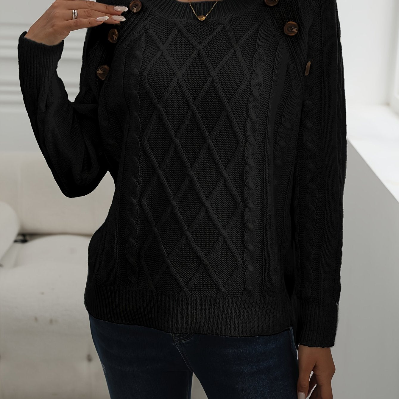 Solid Cable Knit Sweater, Casual Crew Neck Long Sleeve Sweater, Women's Clothing - veyora