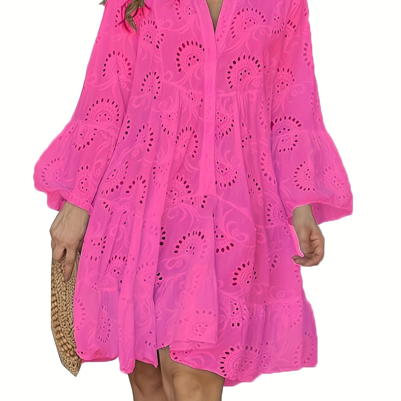 Elegant Green V - Neck Shift Dress with Embroidered Bell Sleeves - Lightweight, Loose Fit, Knee - Length with Button Closure and Eyelet Details, Perfect for All Seasons - veyora