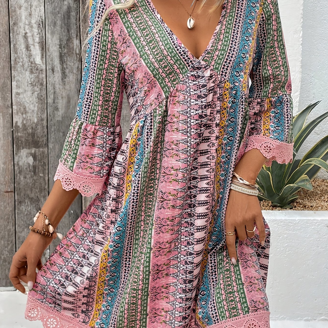 Women's Elegant V - Neck Dress with Lace Trim - Colorful Striped and Floral Print, Lightweight Polyester Blend, Perfect for Summer, Relaxed Fit Dress|Patterned Dress|Smooth Texture, Cute Dresses - veyora