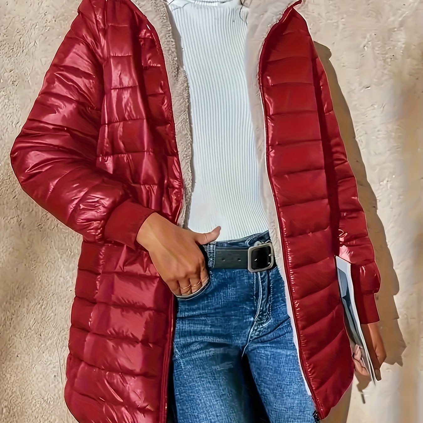 Long Sleeve Fleece Lined Zip Up Coat, Casual Fabric - padded Women's Clothing - veyora