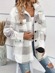 Plaid Fuzzy Fall & Winter Jacket, Casual Button Front Long Sleeve Outerwear, Women's Clothing - veyora