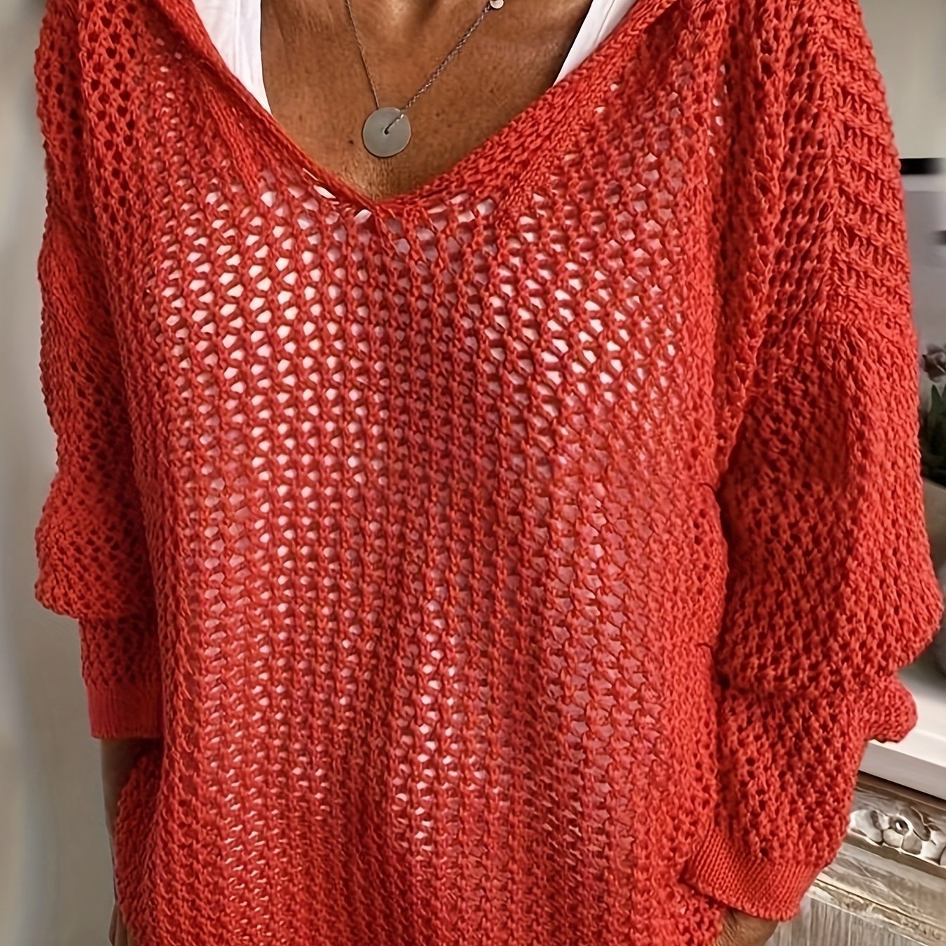 Cozy V - Neck Knitted Hooded Sweater - Soft, Casual, Long Sleeve, Hollow Out Design, Relaxed Fit, Women's Clothing for Everyday Wear - veyora