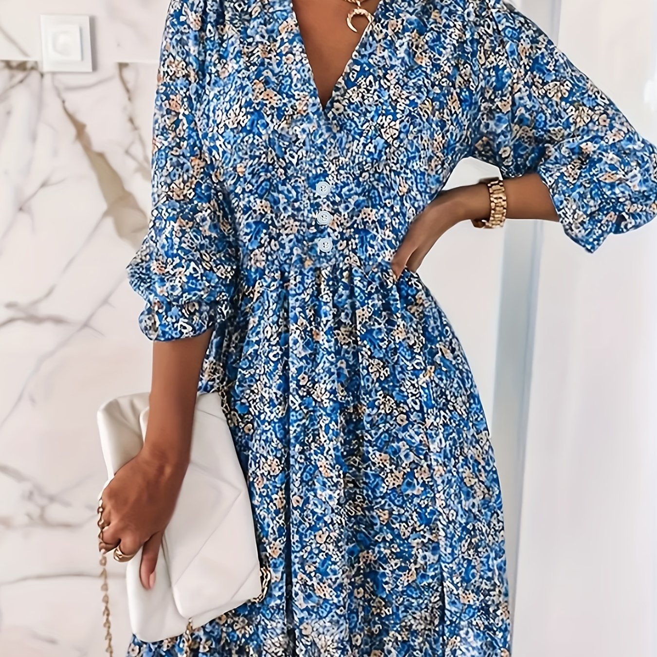 Polyester and Spandex V - Neck Floral Print Short Sleeve Bubble Sleeve A - Line Dress, with Button Details, for Adult, Summer Vacation - veyora