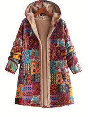 Warm Fleece - Lined Hooded Coat - Colorful Paisley & Floral Print Long Sleeve Outerwear for Women - Machine Washable, Button Front - veyora
