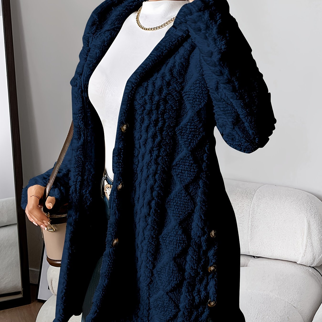 Elegant Beige Quilted Faux Fur Hooded Cardigan - Cozy Long Sleeve, Button Front Outerwear with Diamond Pattern, Perfect for Fall/Winter, Machine Washable - veyora