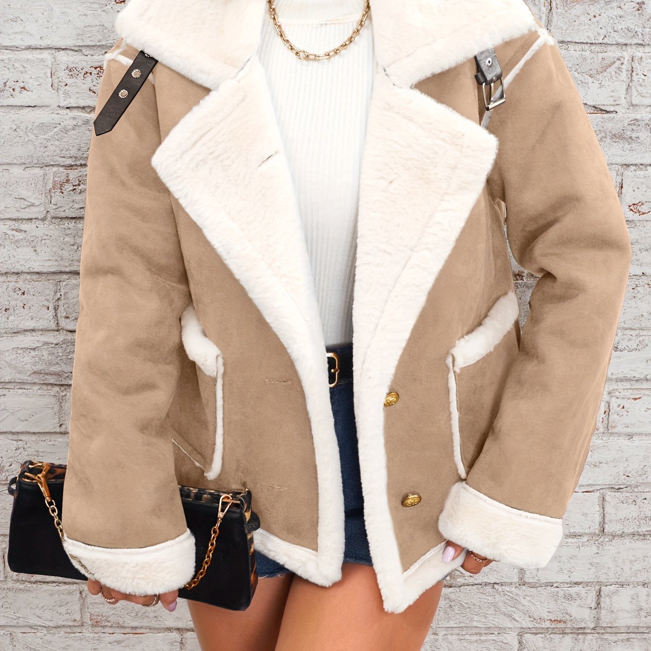 Womens Ultra - Soft Plush Lapel Jacket - Winter Warm Casual Outwear with Stylish Faux Fur Collar - Insulated Comfort, Trendy Design for Versatile Styling - veyora