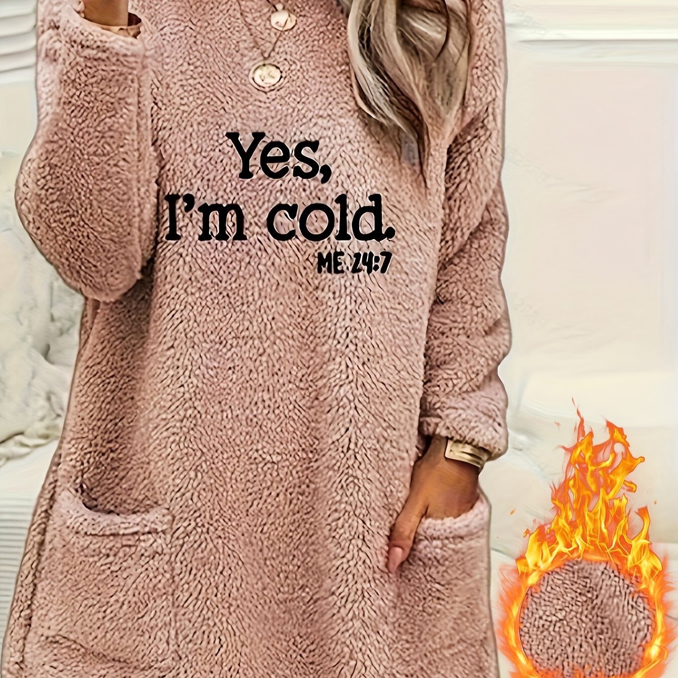 Women's Casual "Yes I'm Cold" Letter Print Dual - Sided Fleece Pullover Sweatshirt - Cozy Round Neck Long Sleeve with Pockets, Machine Washable Winter Warmth for Fall & Winter, Cold Weather Clothing | Casual Pullover | Comfortable Wear, Ladies Sweaters - veyora