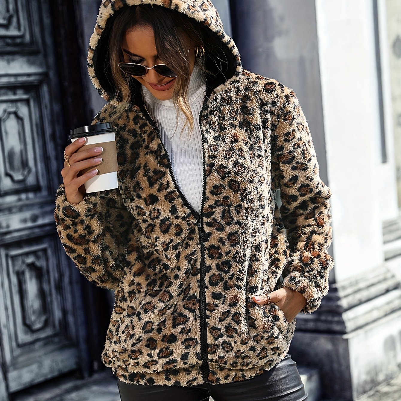 Stylish Leopard Print Zipper Hooded Teddy Coat - Soft, Warm, Versatile Long Sleeve Thermal Outwear for Fall & Winter - Women's Fashionable Outerwear for Casual Daily Life, Outdoor Activities, and Travel - veyora