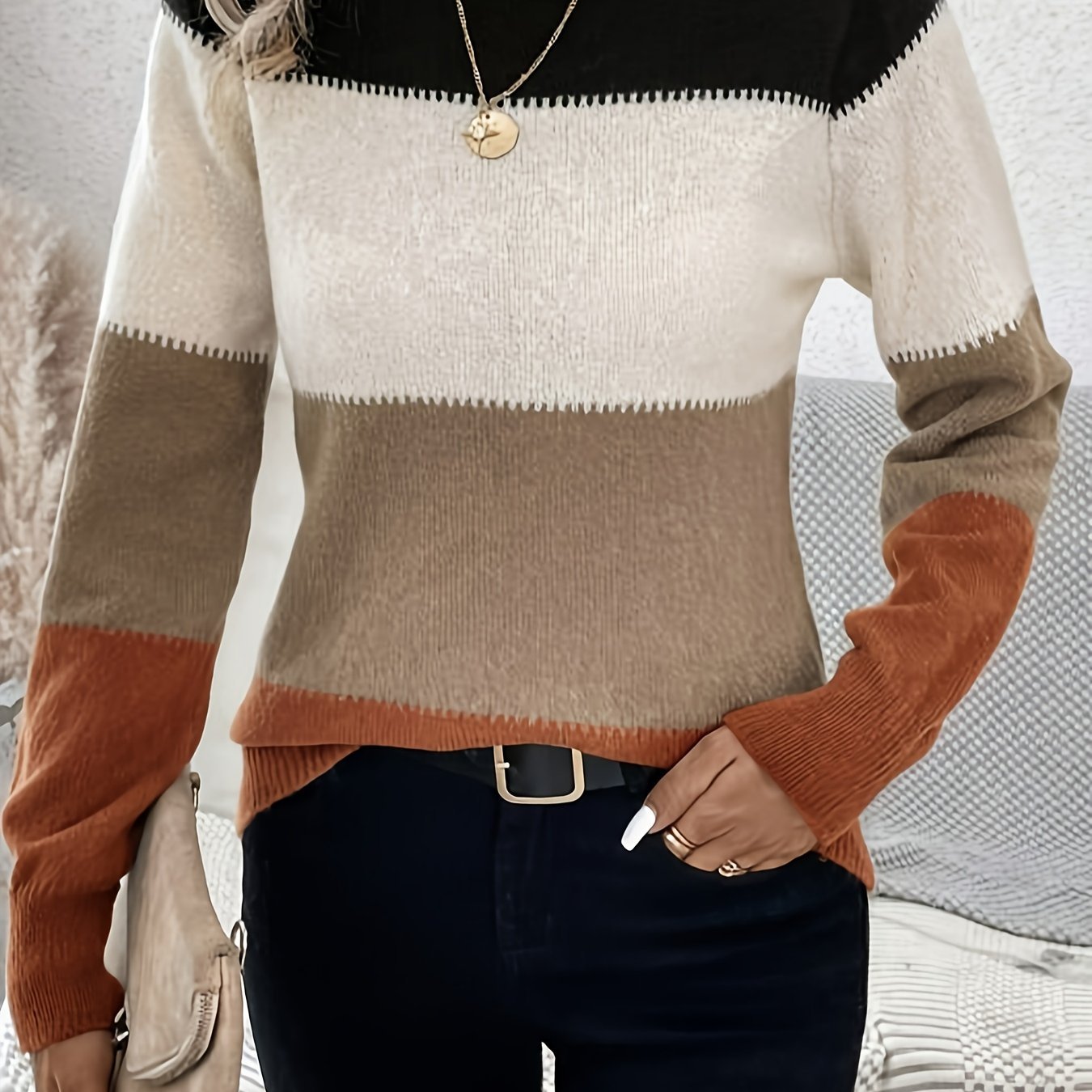 Trendy Color Block Mock Neck Pullover Sweater - Warm & Comfortable Long Sleeve - Perfect for Casual Everyday Style - Womens Winter Wear - veyora