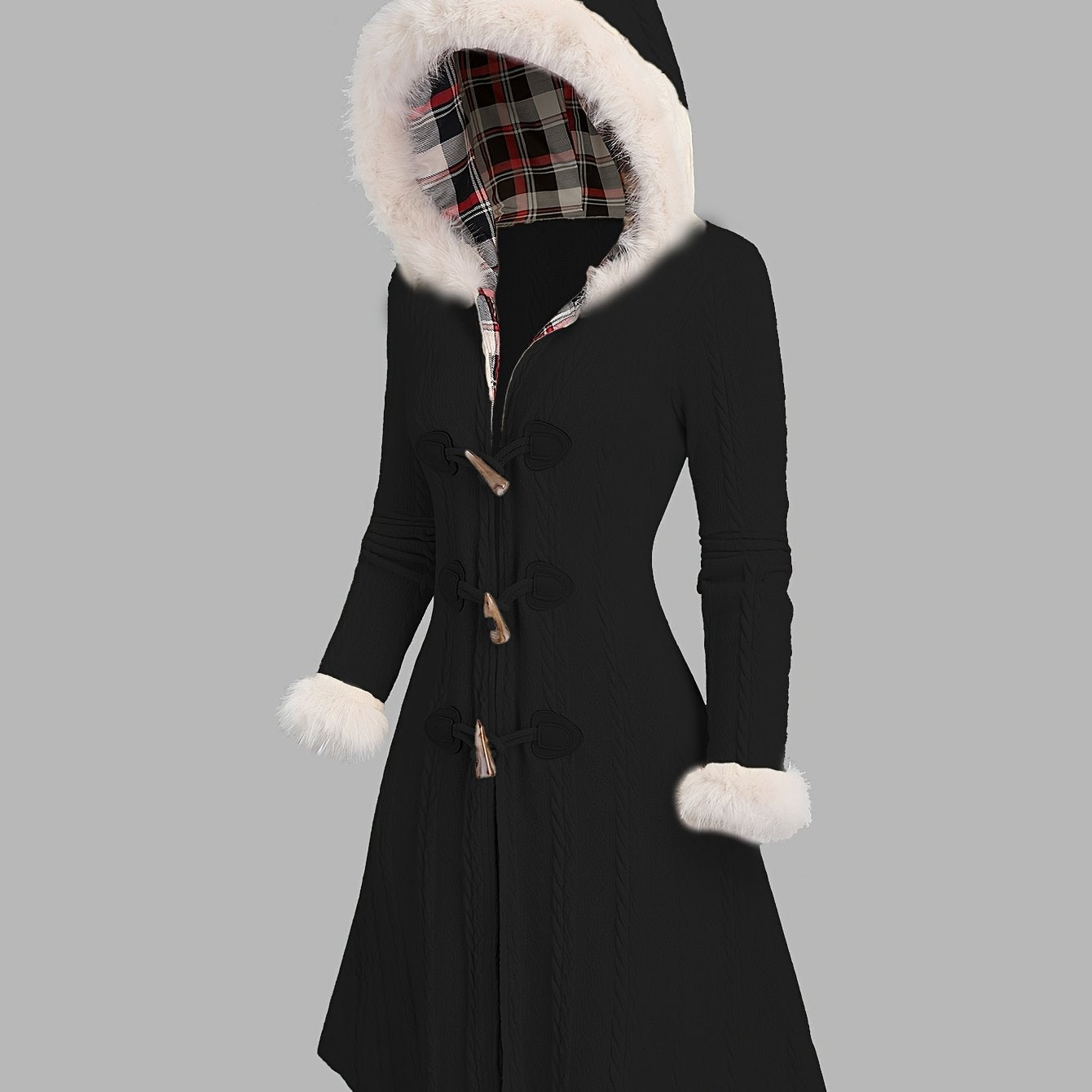 Women'S Y2K Style Plaid Knit Hooded Coat, Polyester 100% Long Winter Jacket with Color Block Design and Cow Horn Buttons, Fall/Winter Collection - veyora