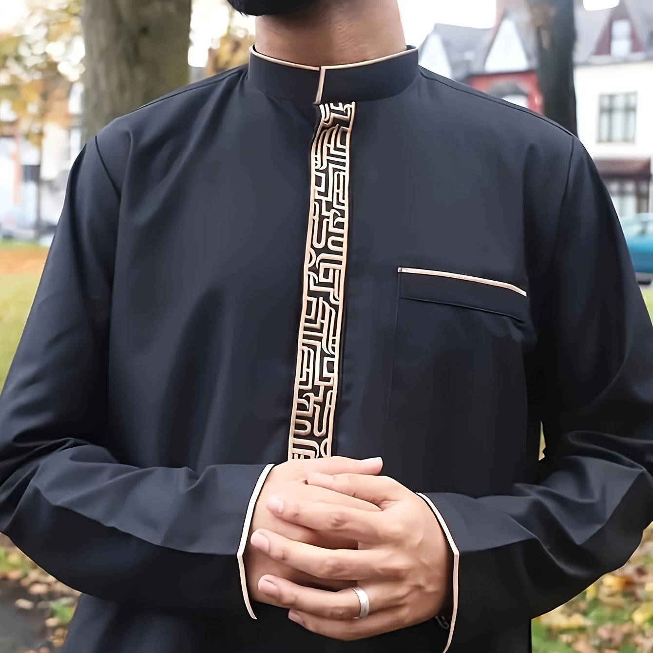 Elegant Men'S Embroidered Traditional Thobe, Polyester, Non - Stretch Fabric, Solid Color, Stand Collar, Regular Fit, Woven, for All Seasons, Muslim Festival Attire - veyora