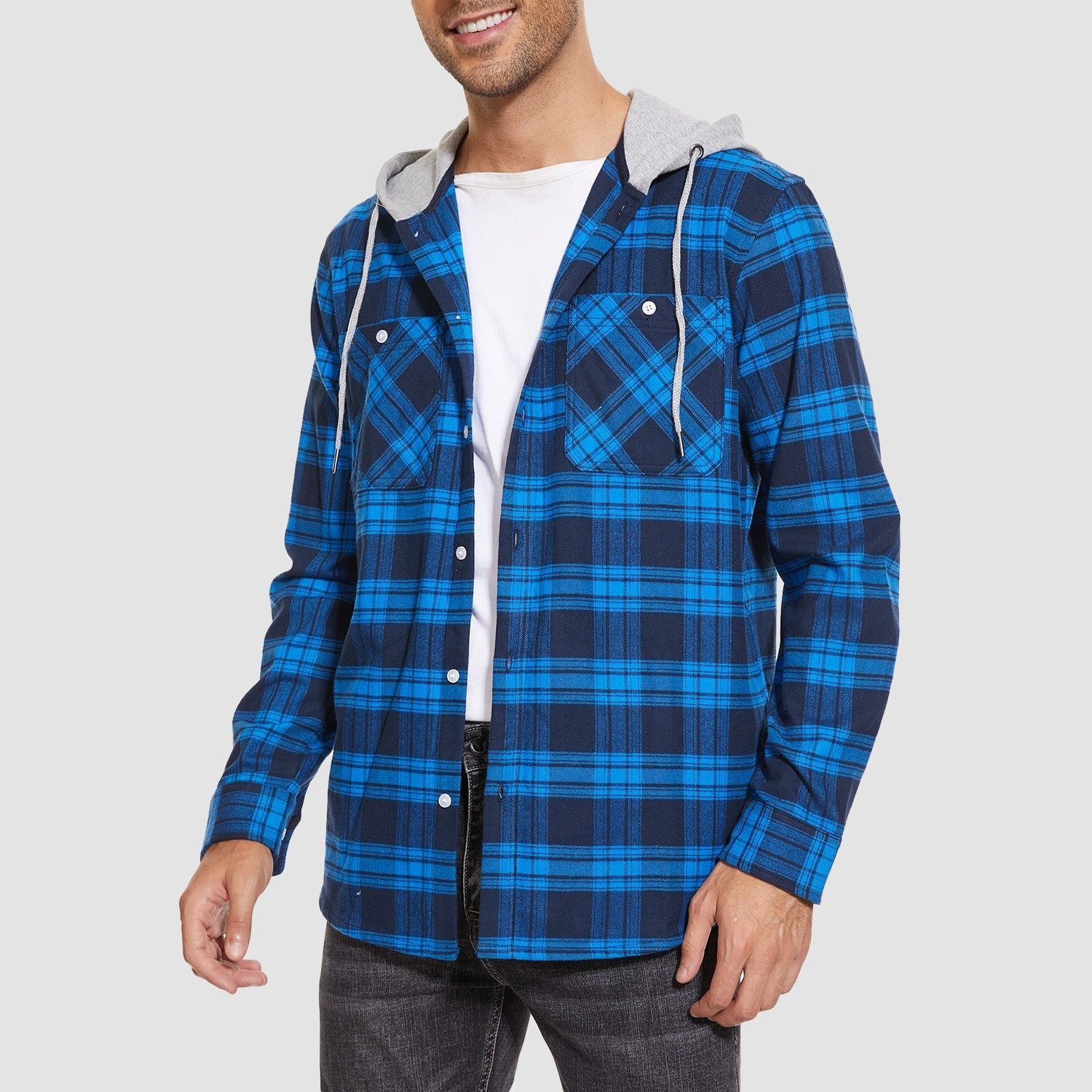 Men's Flannel Shirt Jacket with Hood - Long Sleeve Cotton Plaid Style - veyora