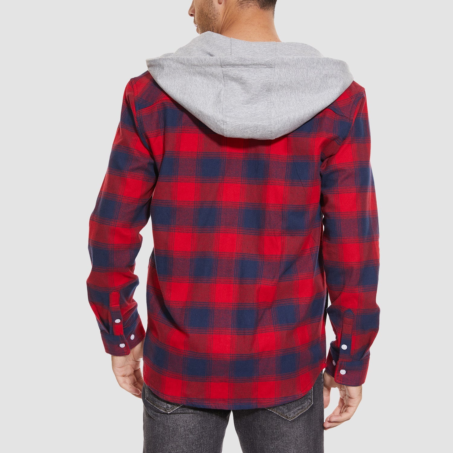 Men's Flannel Shirt Jacket with Hood - Long Sleeve Cotton Plaid Style - veyora