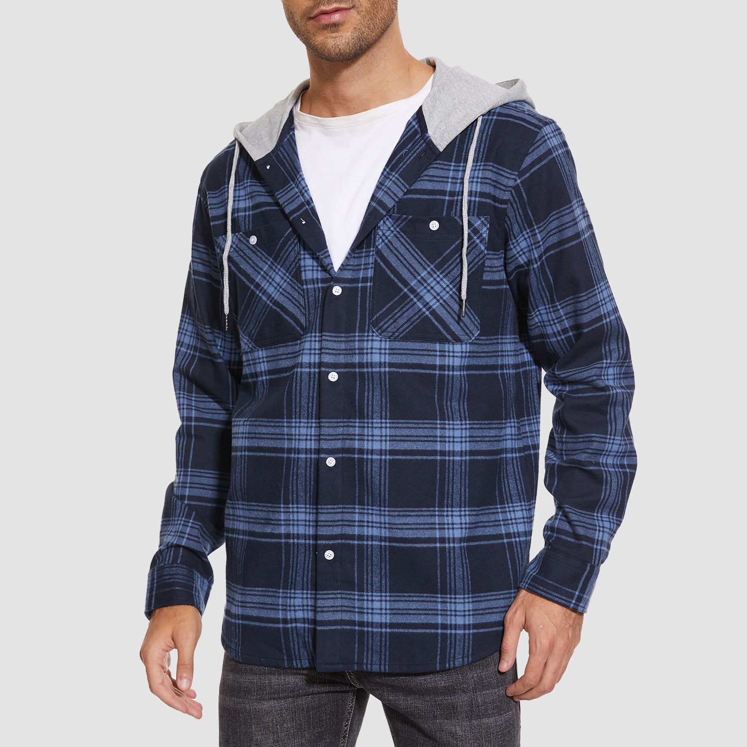 Men's Flannel Shirt Jacket with Hood - Long Sleeve Cotton Plaid Style - veyora