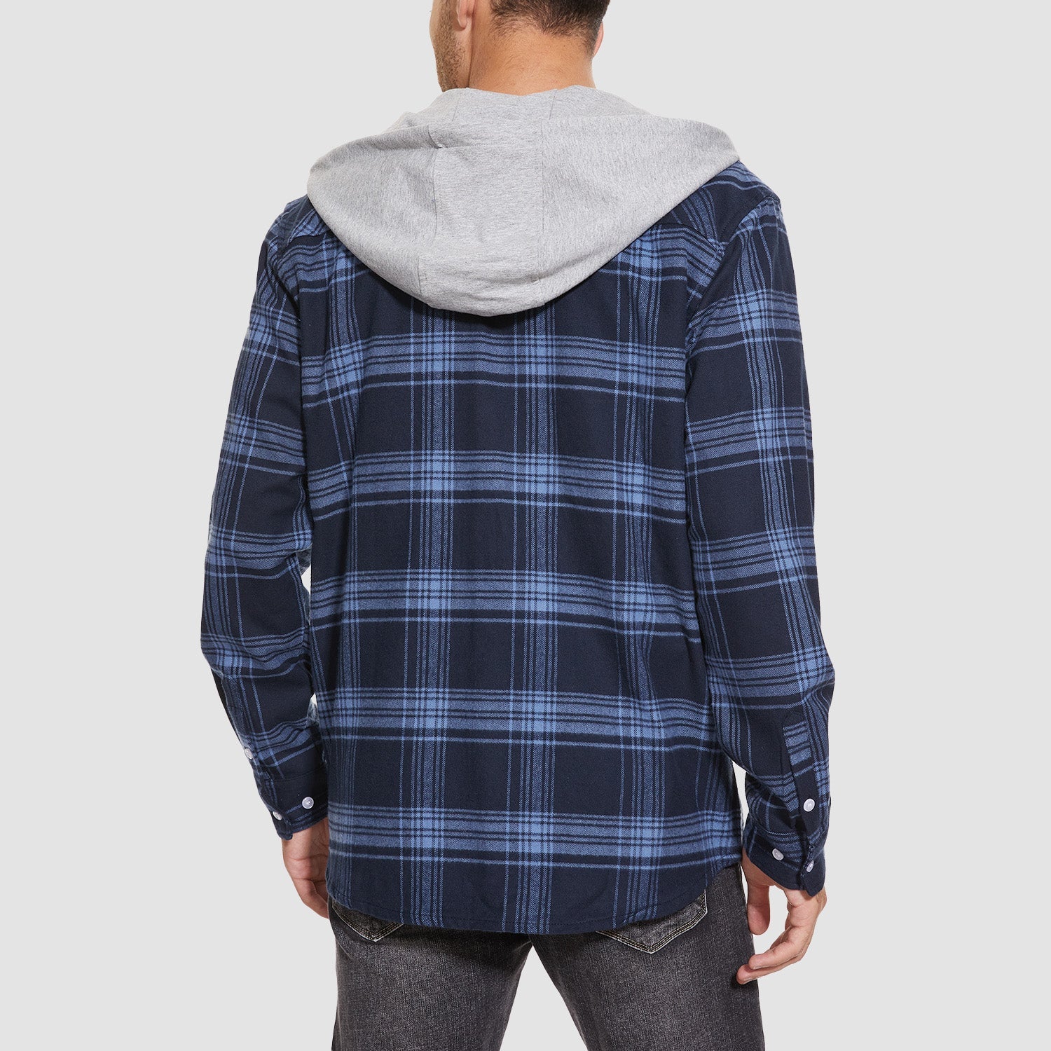 Men's Flannel Shirt Jacket with Hood - Long Sleeve Cotton Plaid Style - veyora