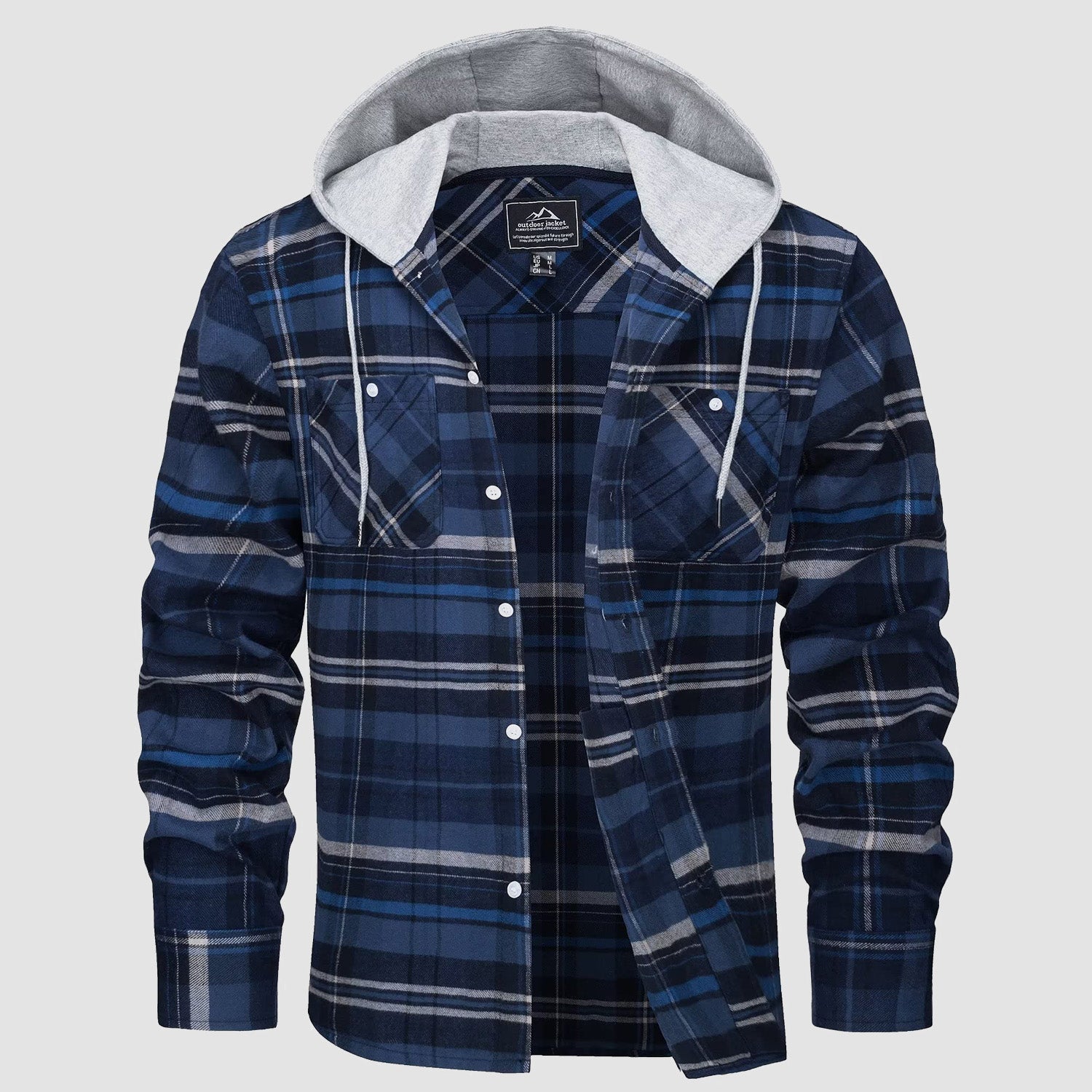 Men's Flannel Shirt Jacket with Hood - Long Sleeve Cotton Plaid Style - veyora